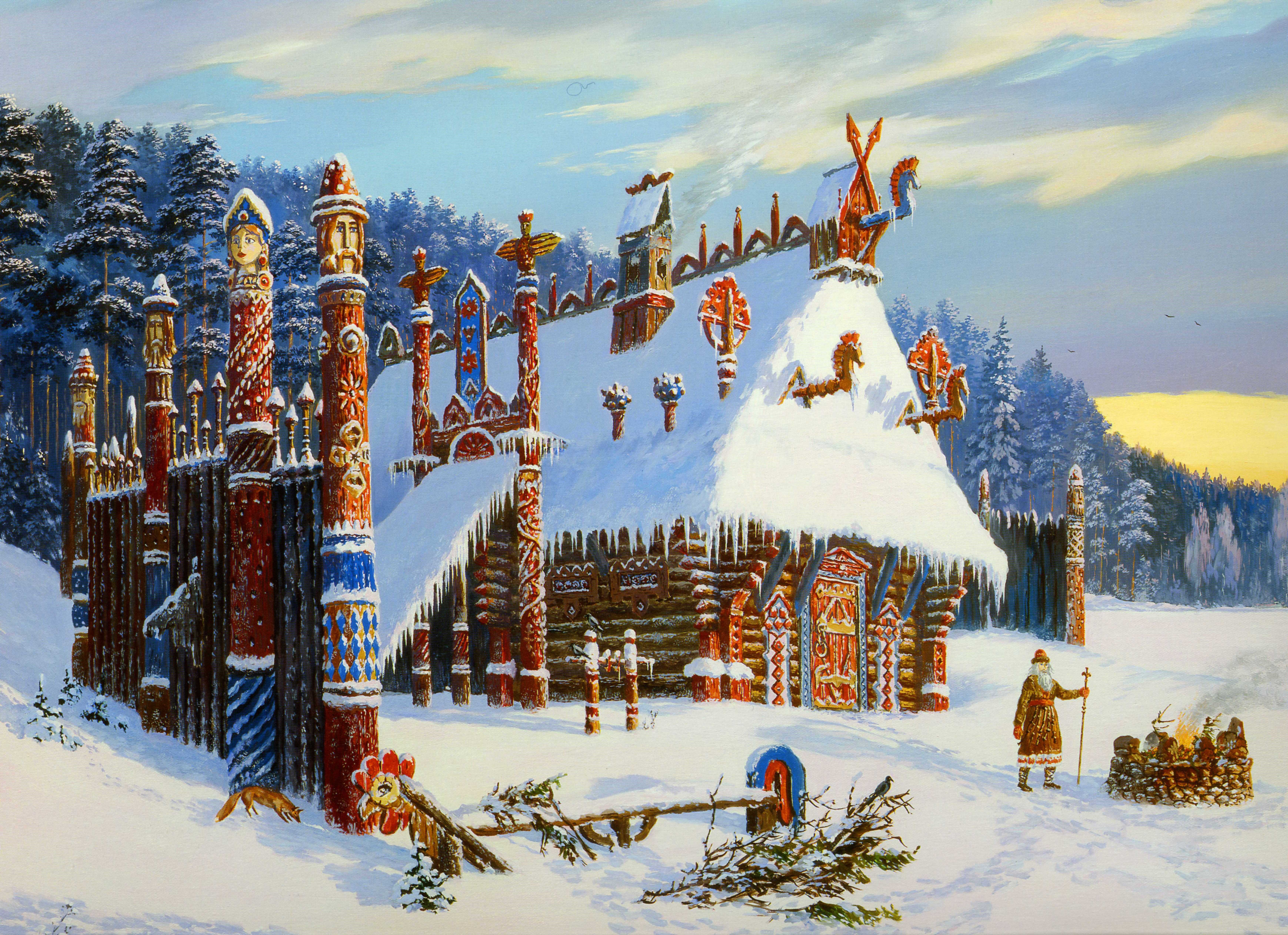 Vsevolod Ivanov's Winter Scene with Pagan Structures HD Wallpaper