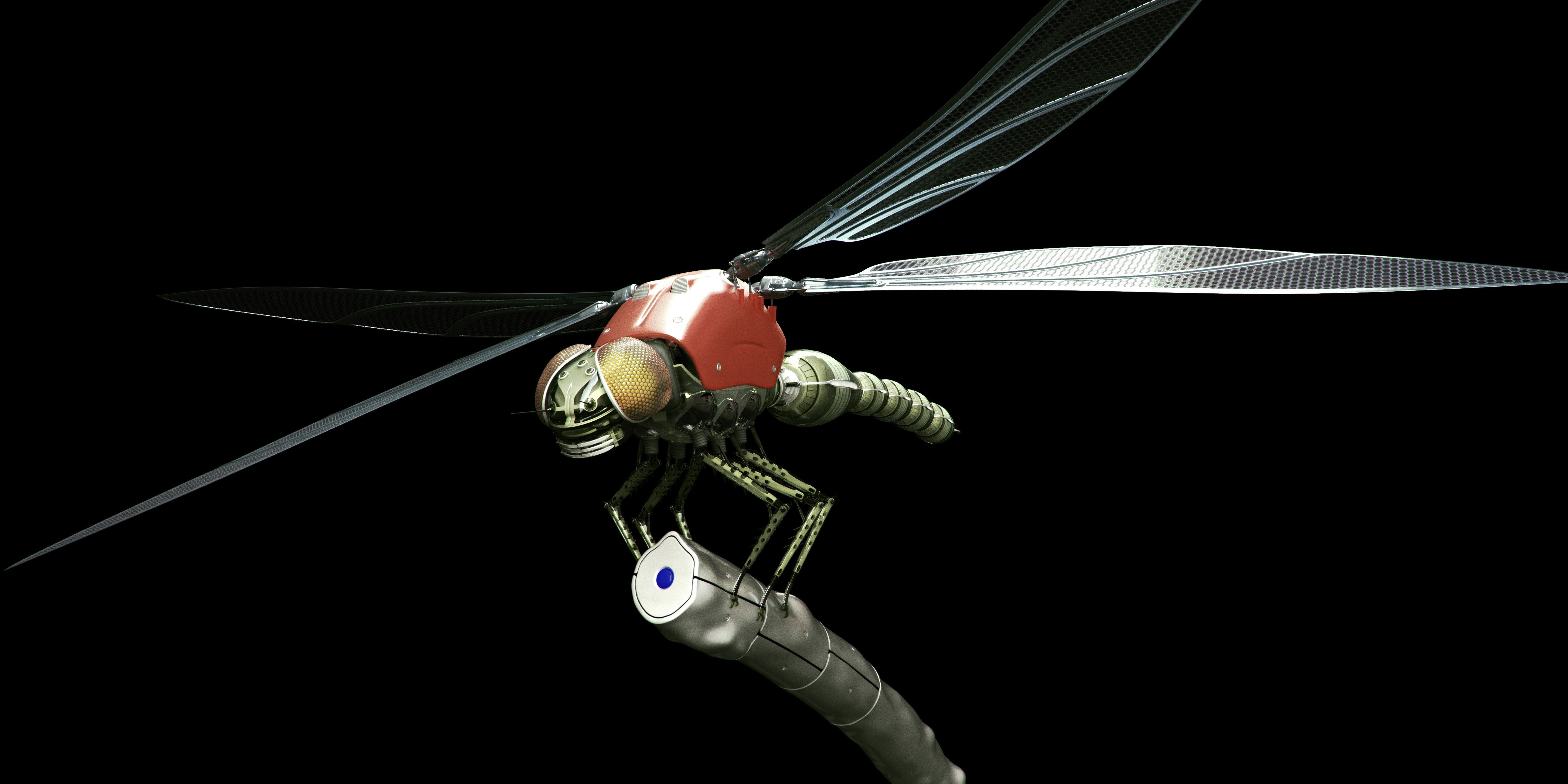 Robot Dragonfly with Red Head and Metallic Body HD Wallpaper
