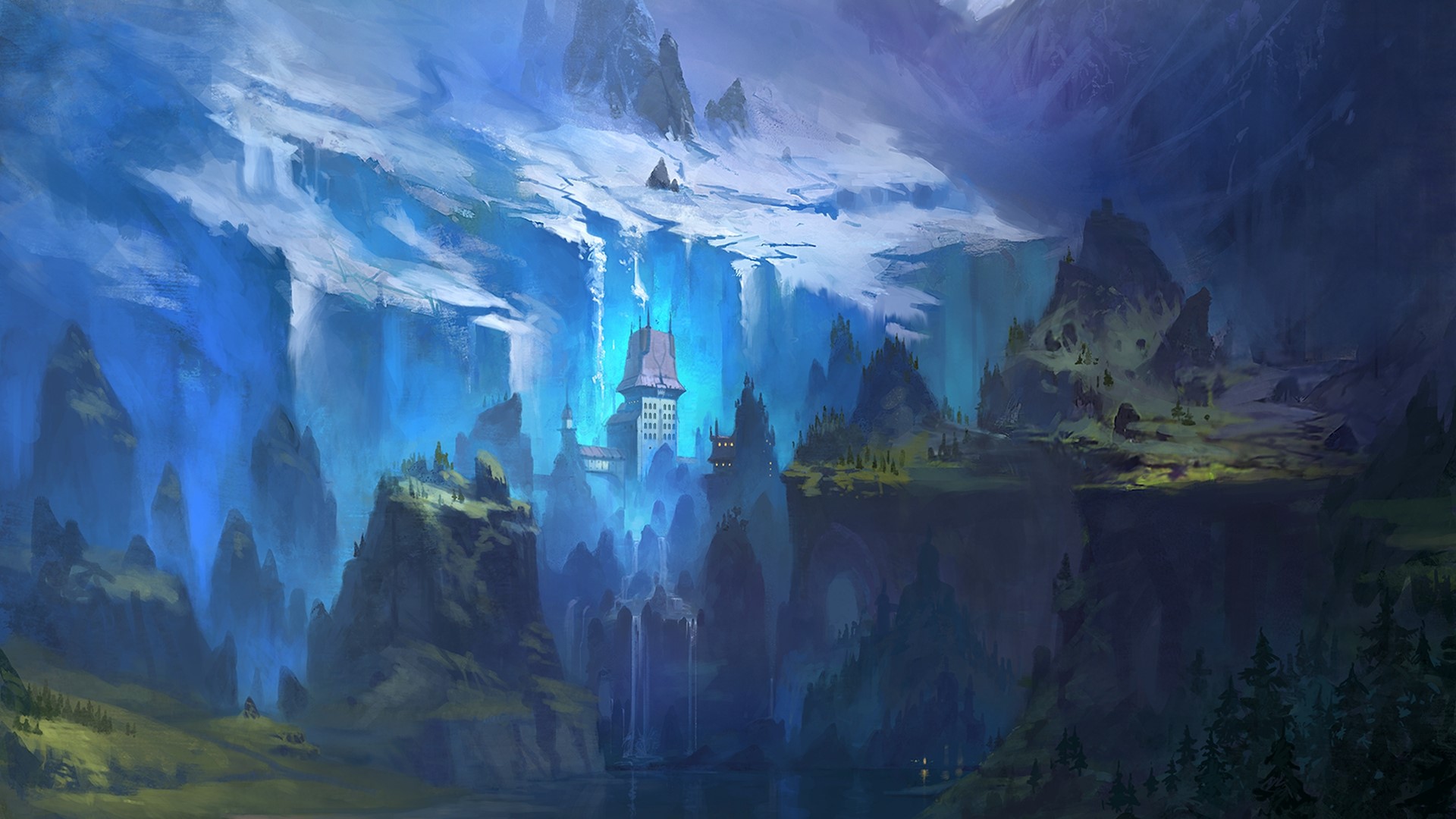 Fantasy castle in a snowy mountain landscape with waterfalls HD Wallpaper