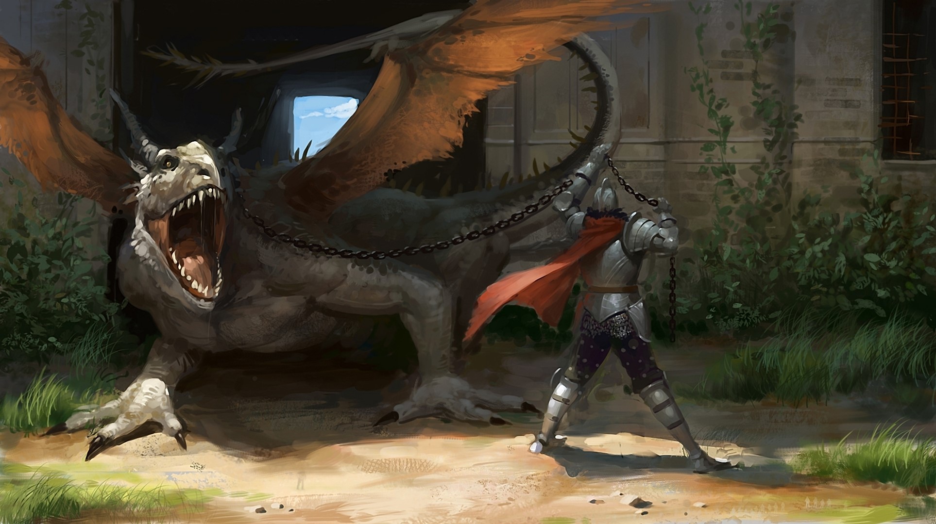 Knight chains a roaring dragon in a courtyard HD Wallpaper
