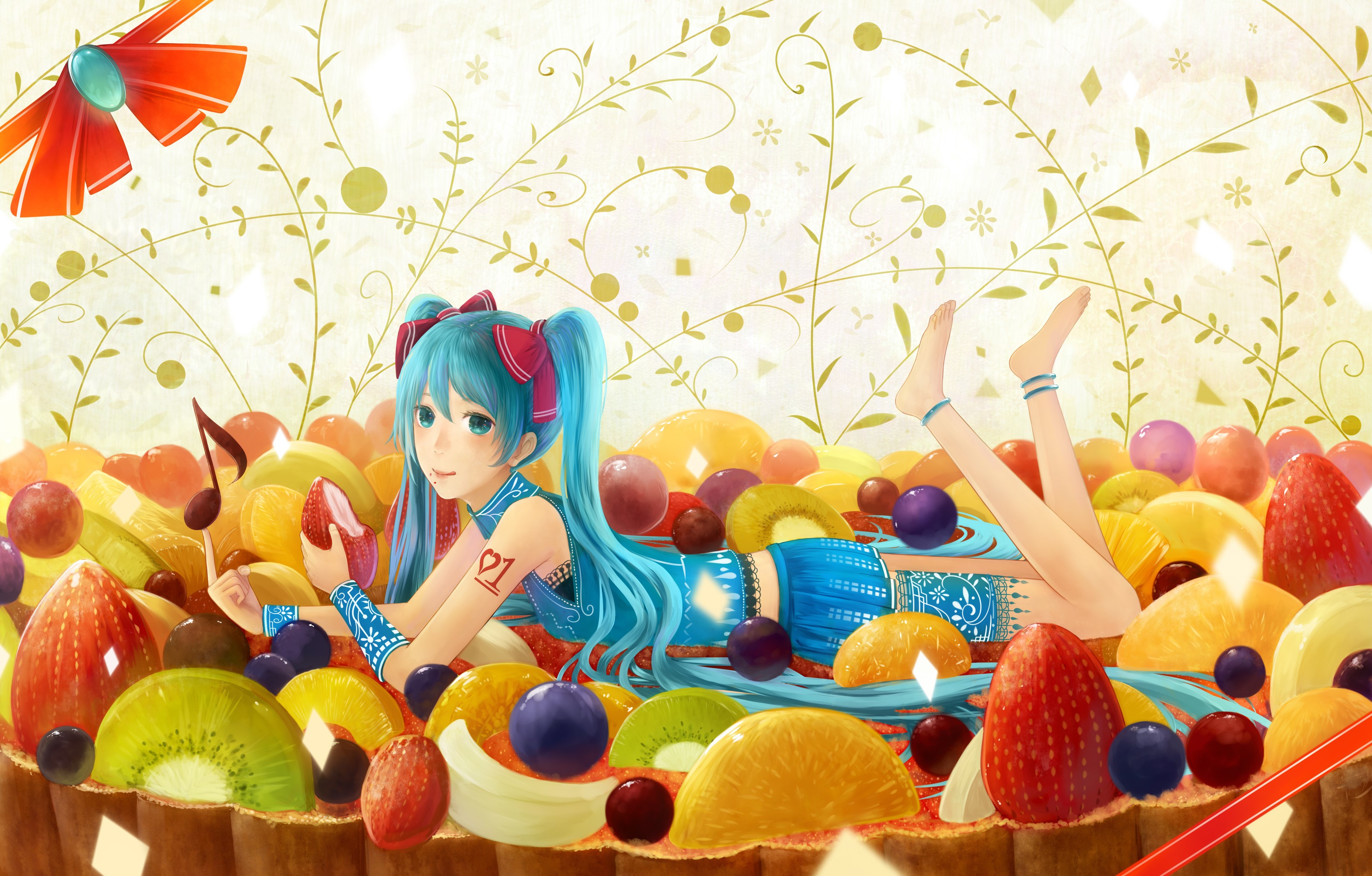 Hatsune Miku lying in a fruit cake HD Wallpaper