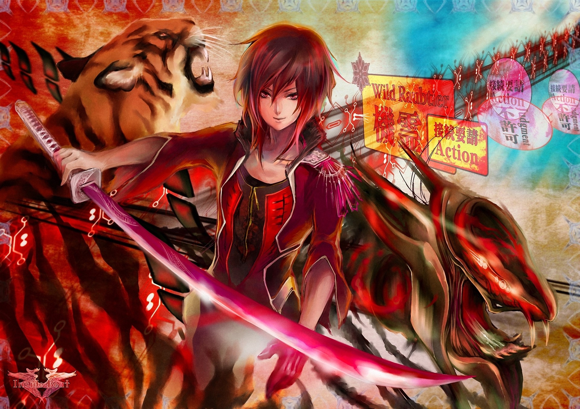 Anime character with sword and tiger HD Wallpaper