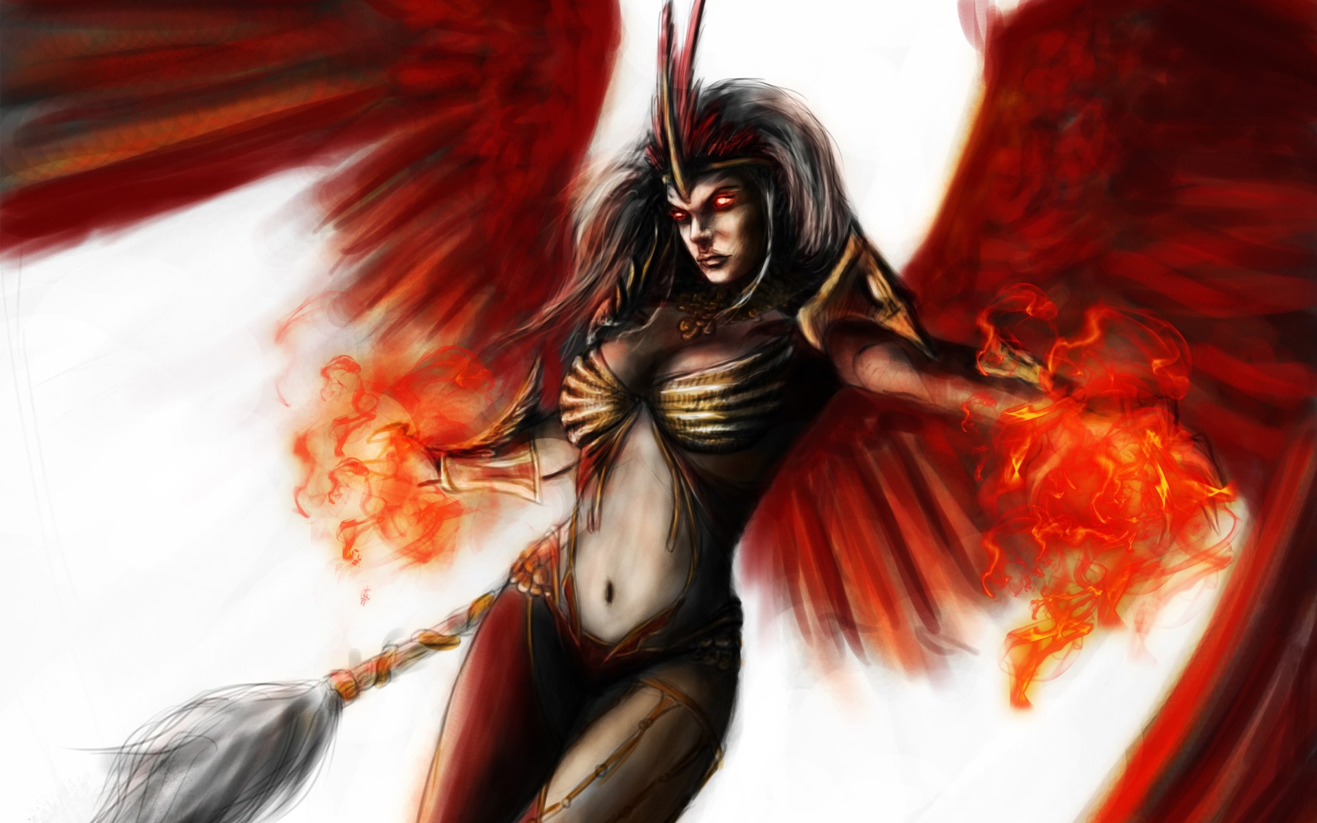 Fiery winged woman with glowing hands HD Wallpaper