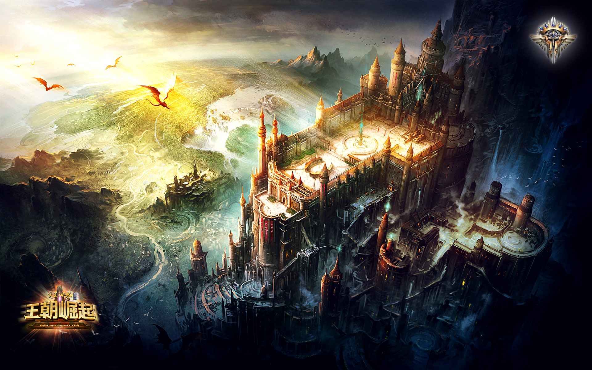 Fantasy Castle and Dragons in a Magical Landscape HD Wallpaper