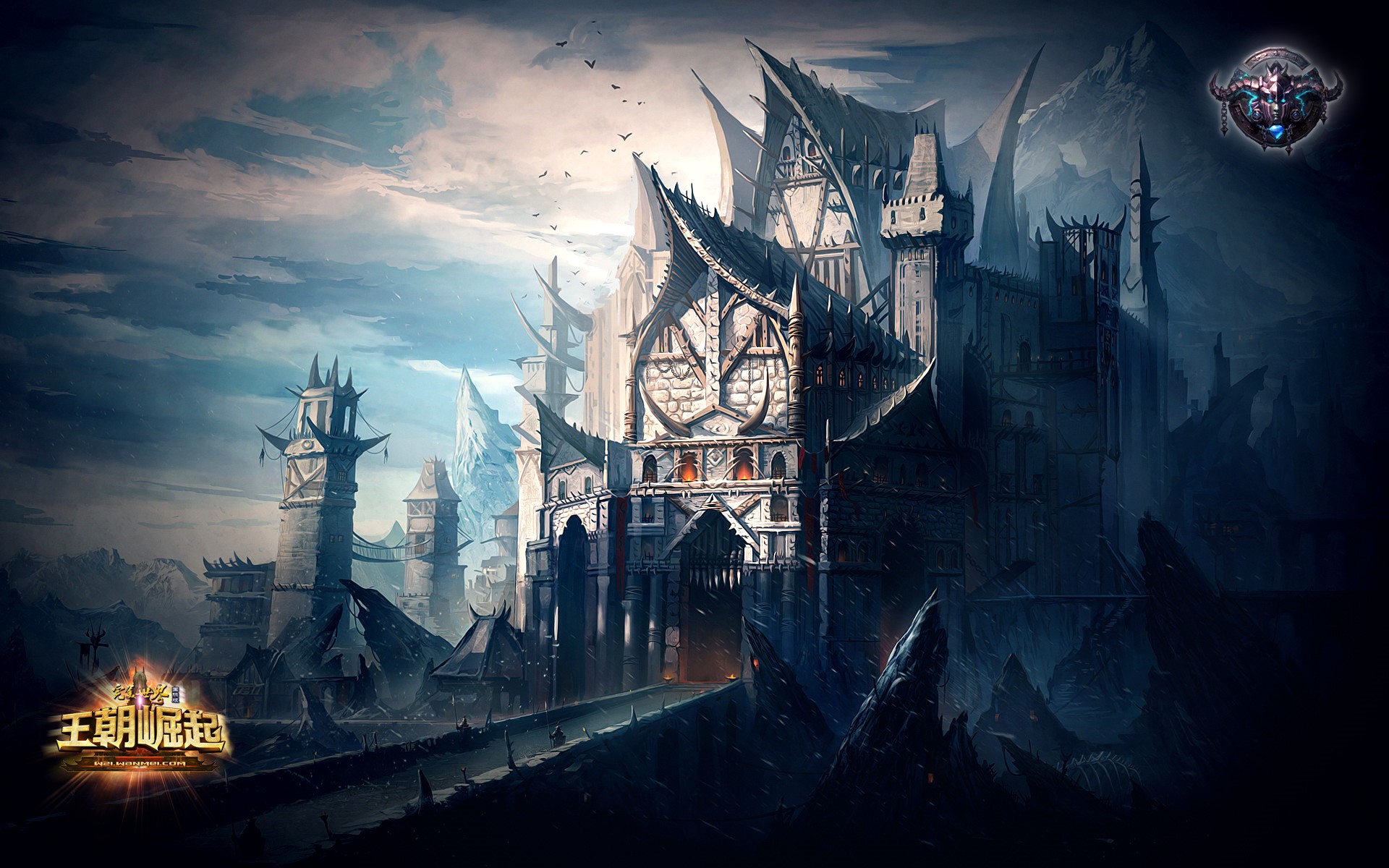 Dark fantasy castle with spires and towers HD Wallpaper