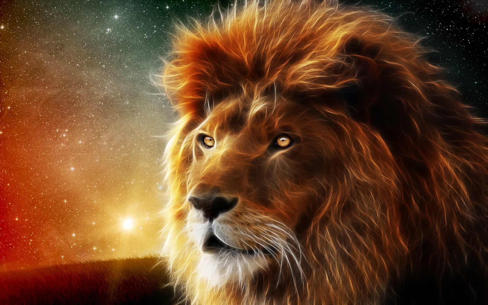 Lion with glowing mane against starry sky HD Wallpaper