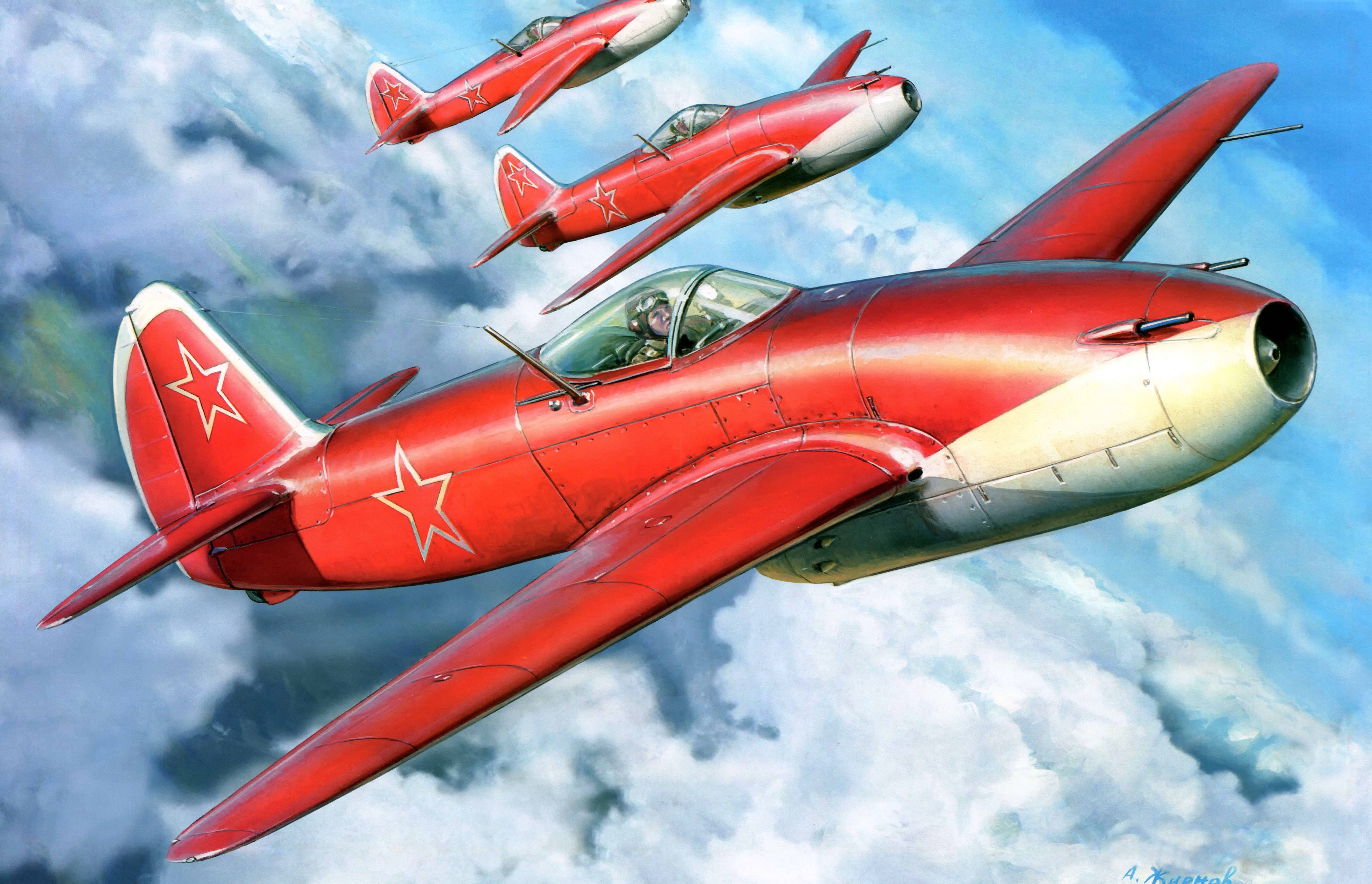 Three red Soviet fighter planes flying in formation HD Wallpaper