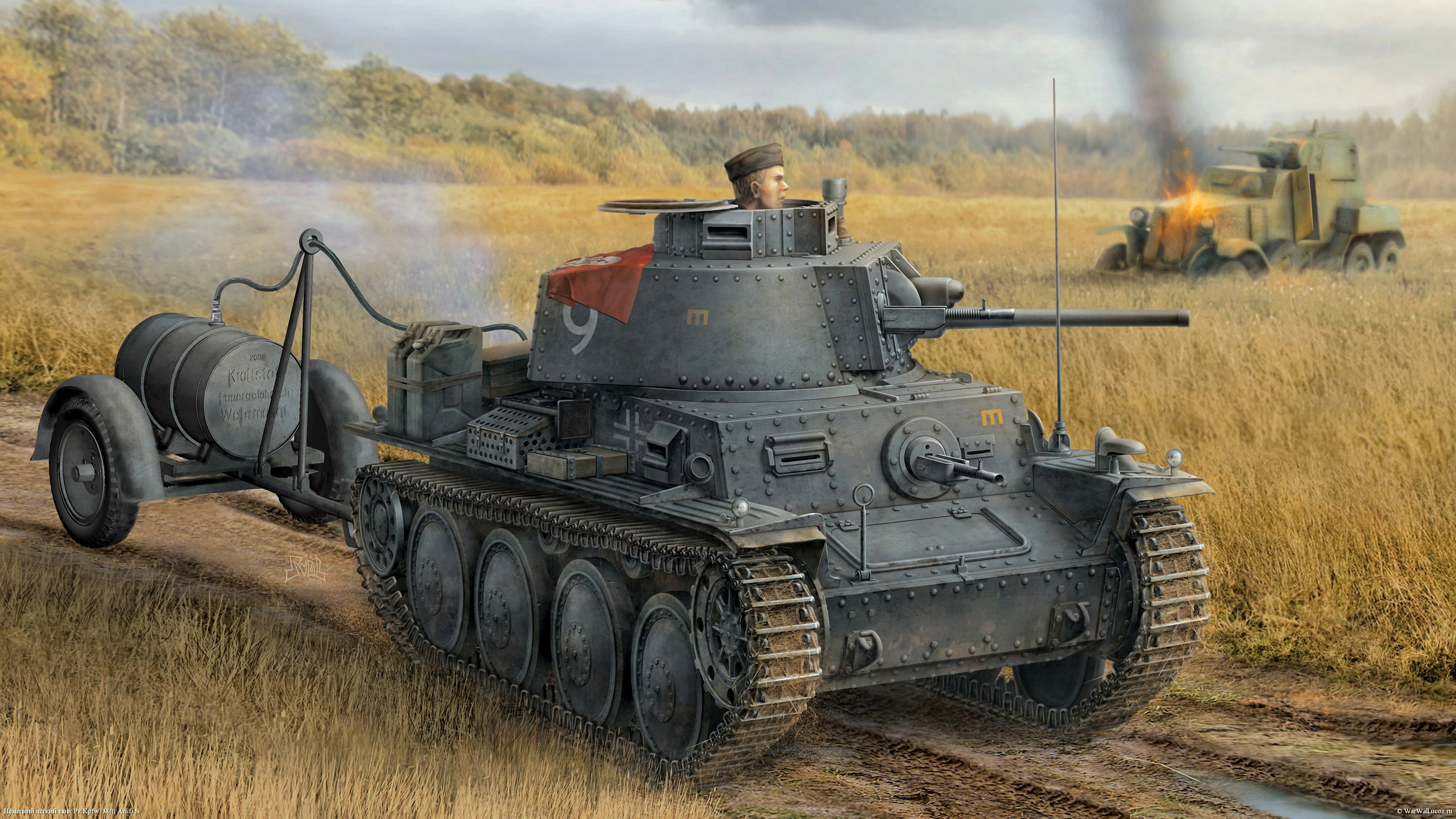 Painting of a Pz. Kpfw. 38(t) Ausf. S tank with trailer HD Wallpaper