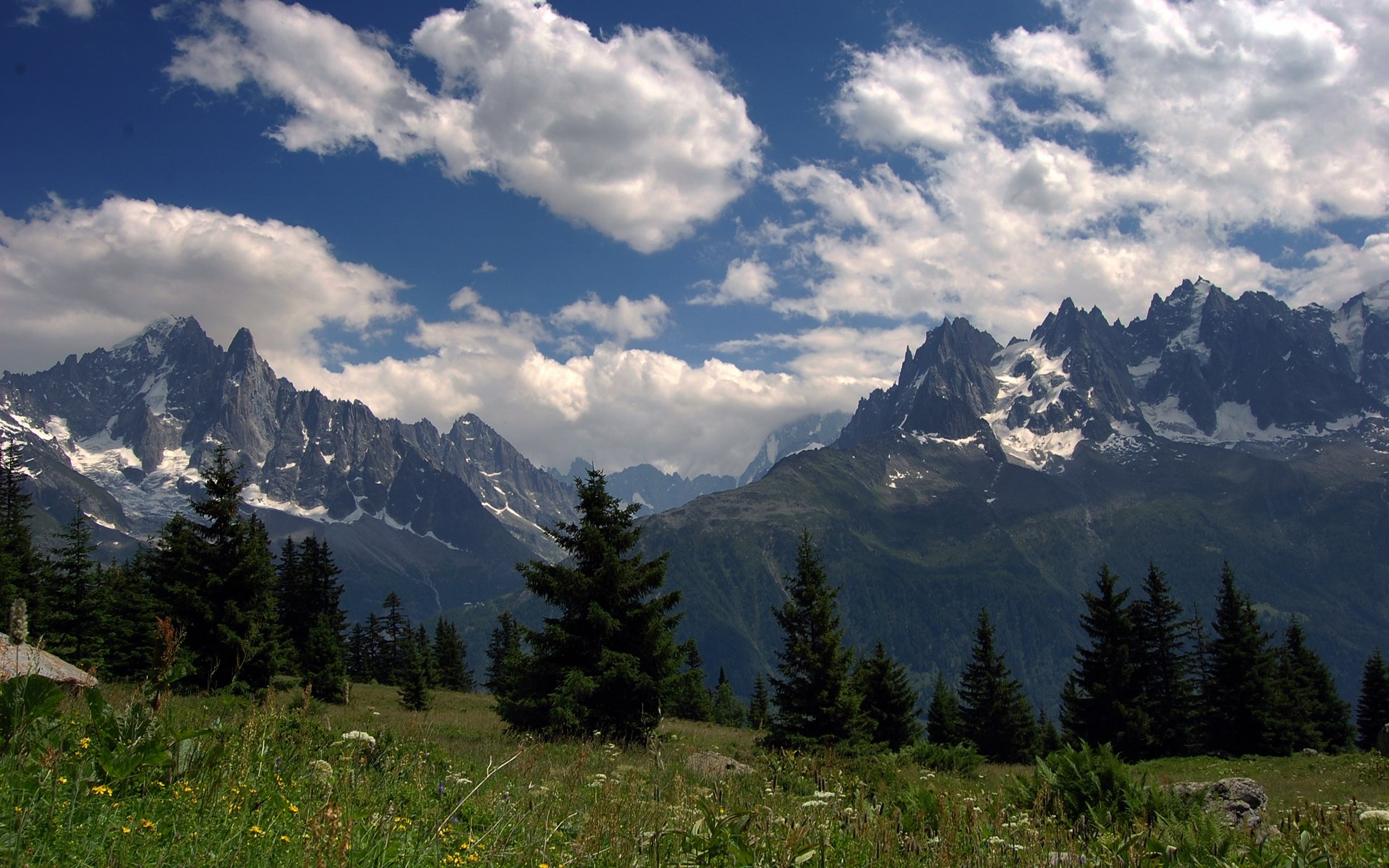 Mountain range with trees and clouds HD Wallpaper