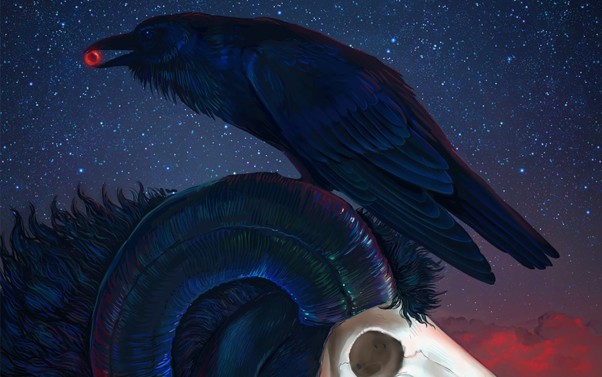 Raven holding a red orb on a ram skull HD Wallpaper