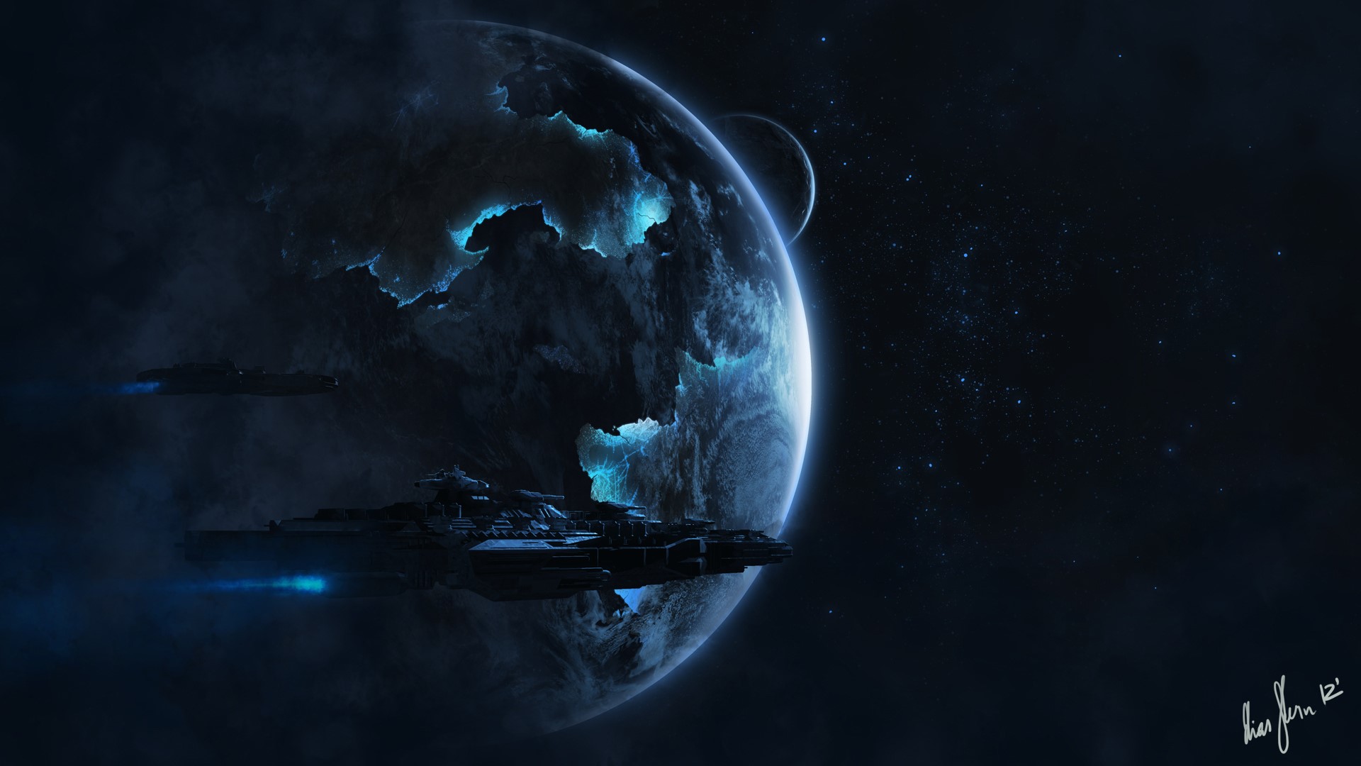 Spaceships near a glowing planet and moon HD Wallpaper