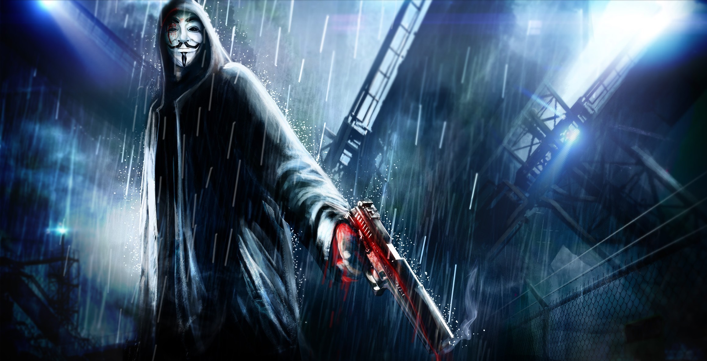 V from V for Vendetta holding a gun in the rain HD Wallpaper