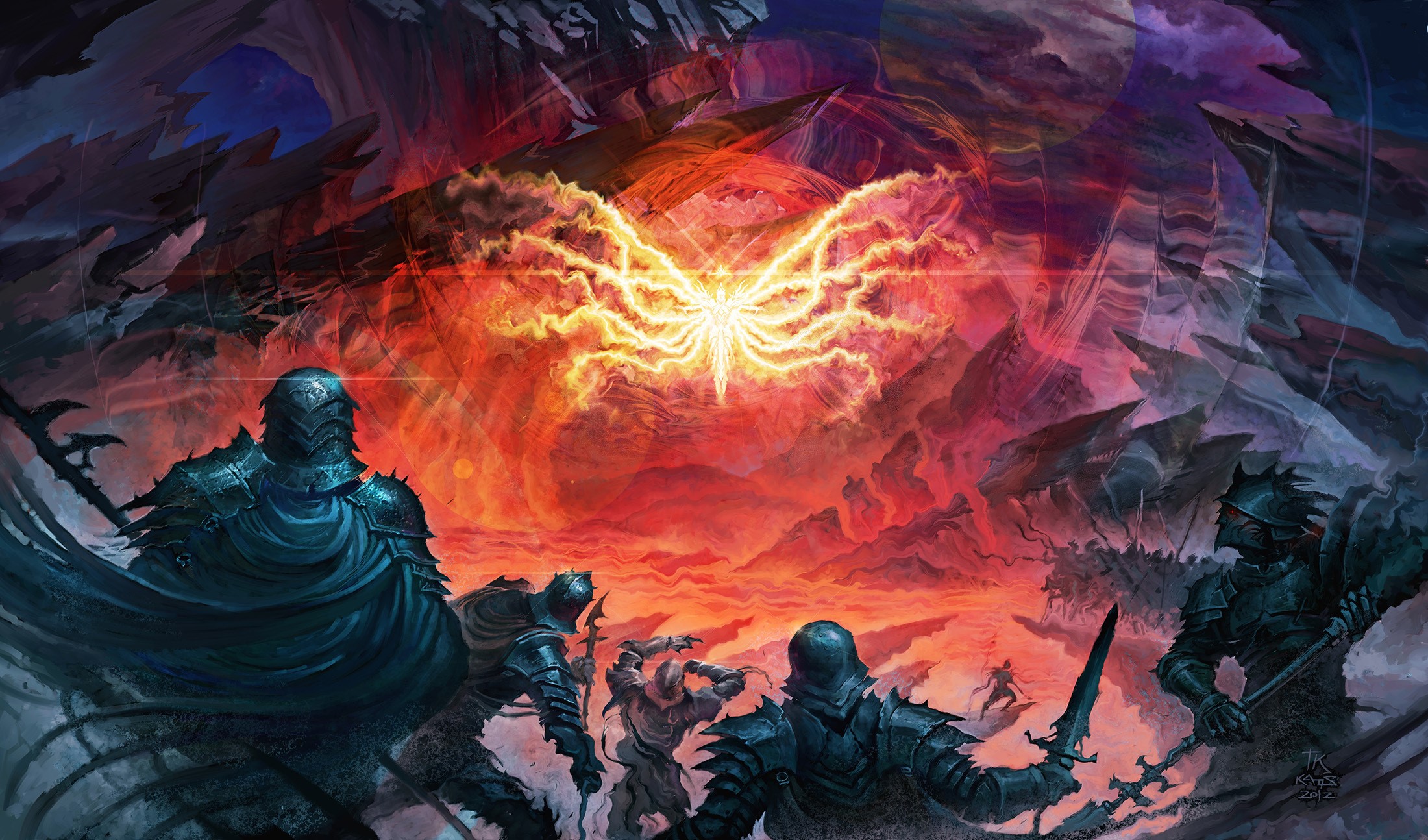 Warriors facing a glowing supernatural entity in a cavern HD Wallpaper