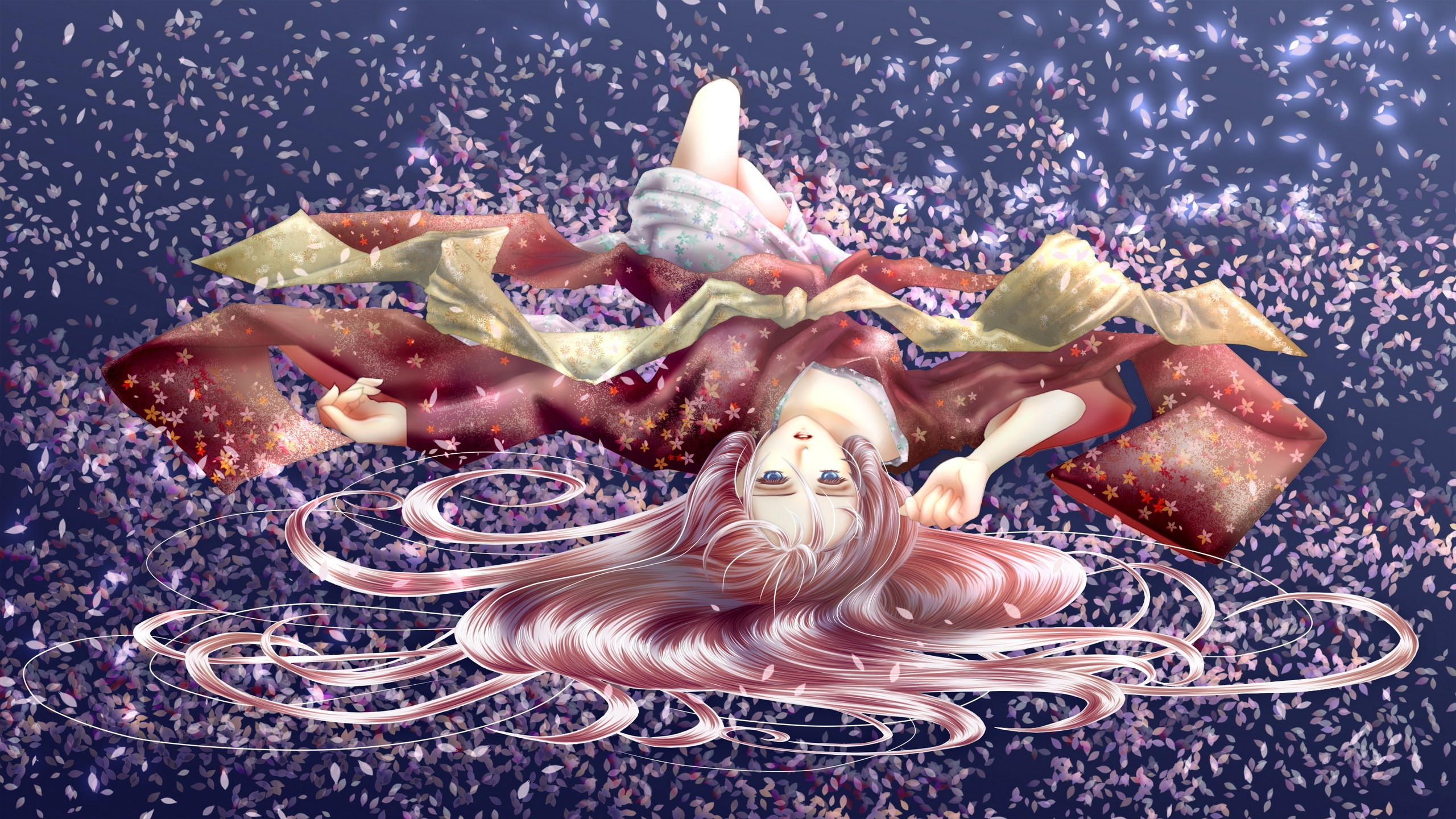 Hatsune Miku lying on a bed of petals HD Wallpaper