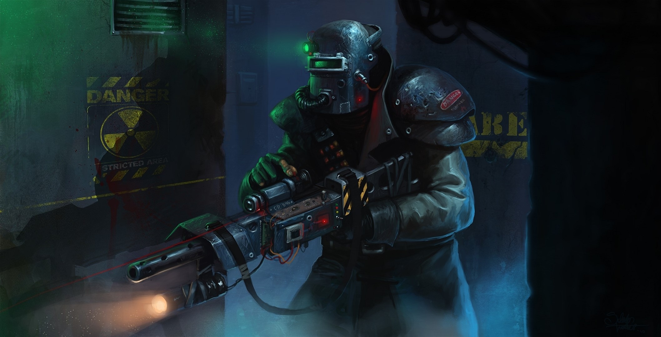 Soldier with radiation suit and heavy weapon HD Wallpaper