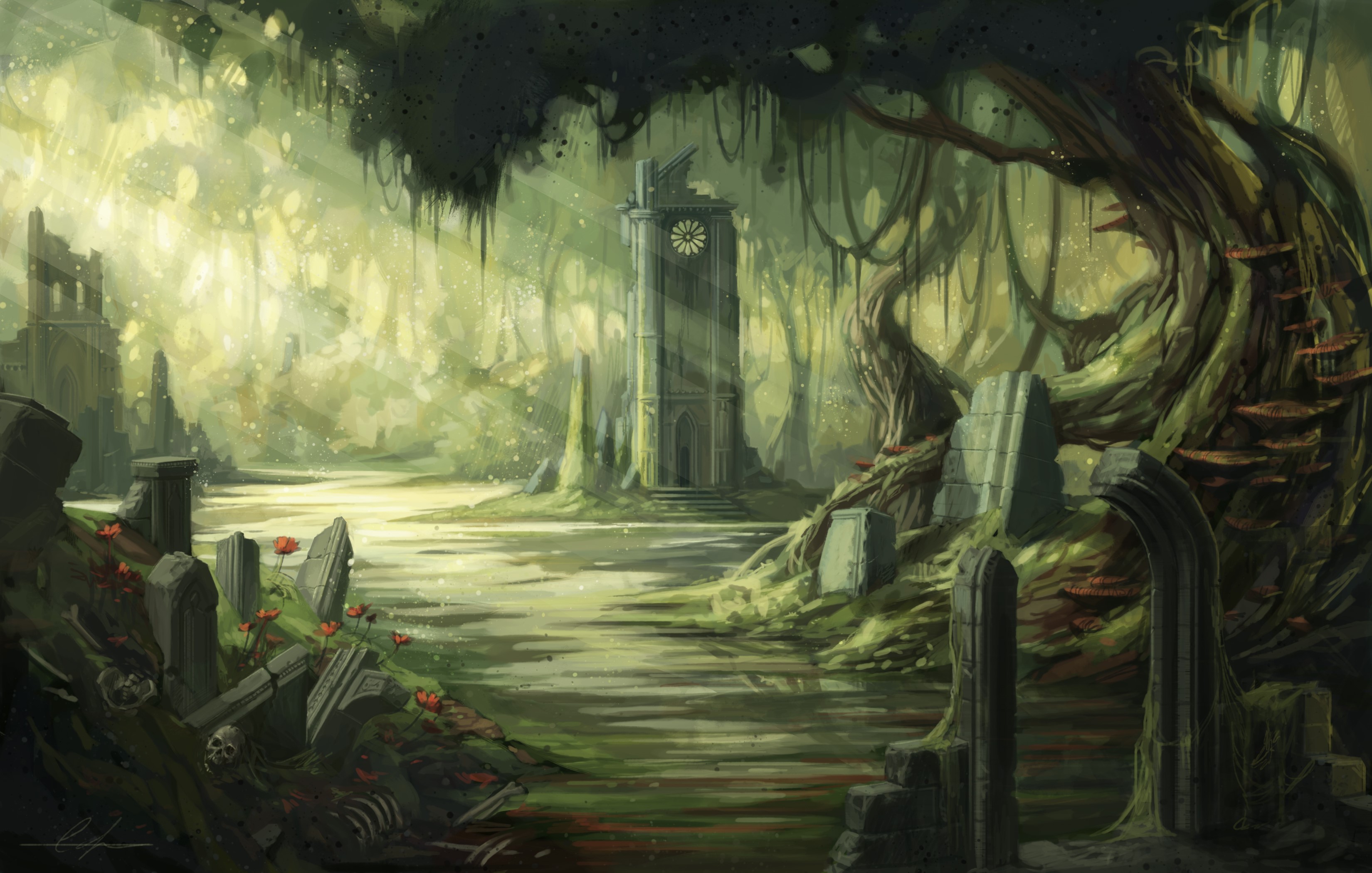 Ruined clock tower in a swampy forest with ancient ruins HD Wallpaper