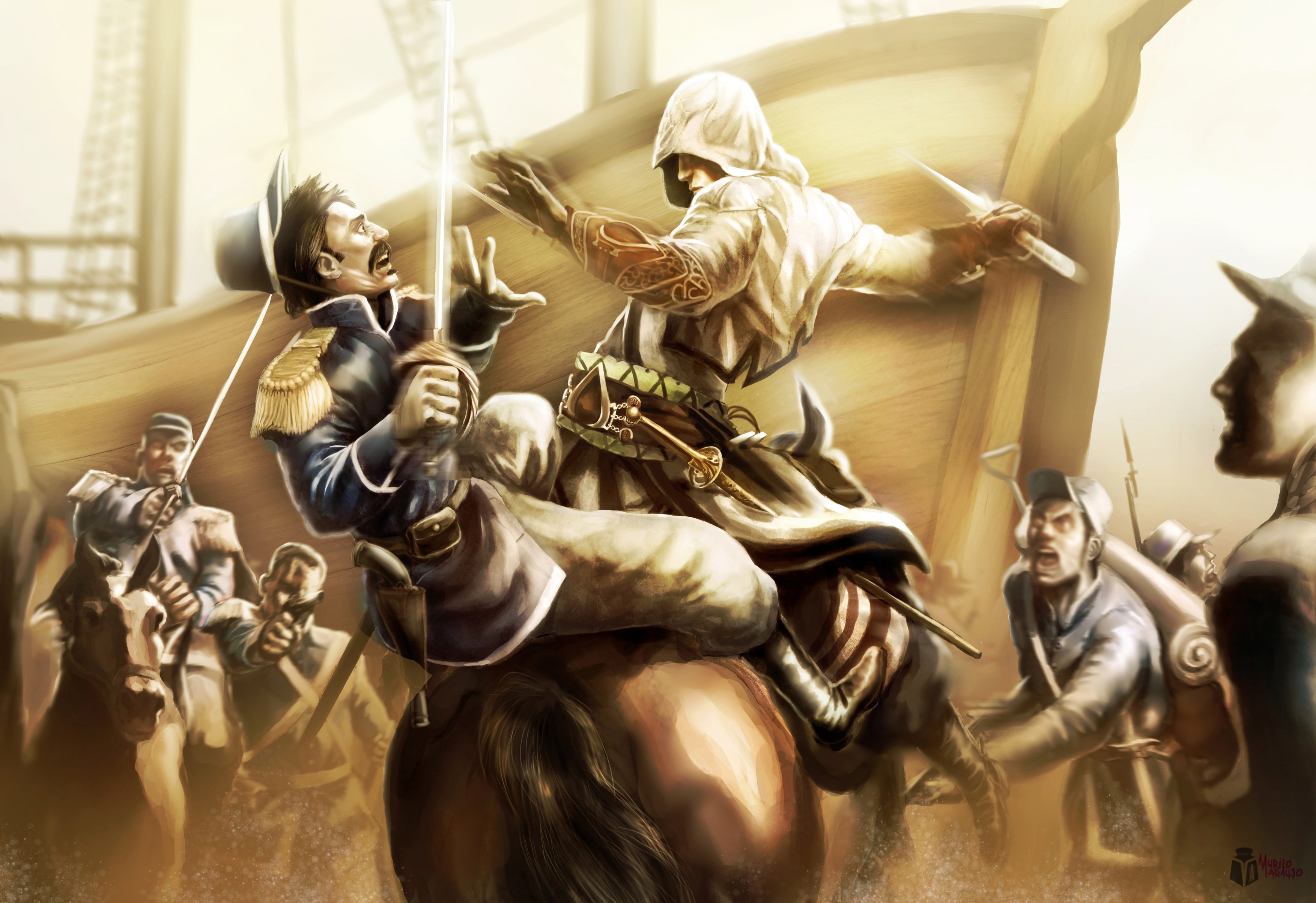 Assassin from Assassin's Creed 3 fighting soldiers on horseback HD Wallpaper