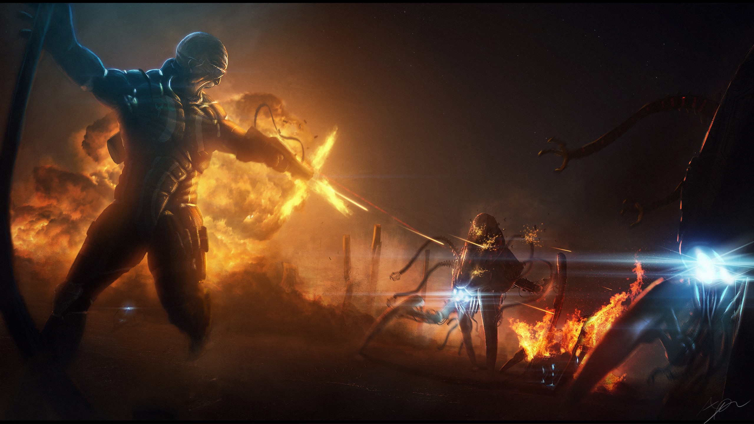 Warriors battling with fire and energy weapons HD Wallpaper