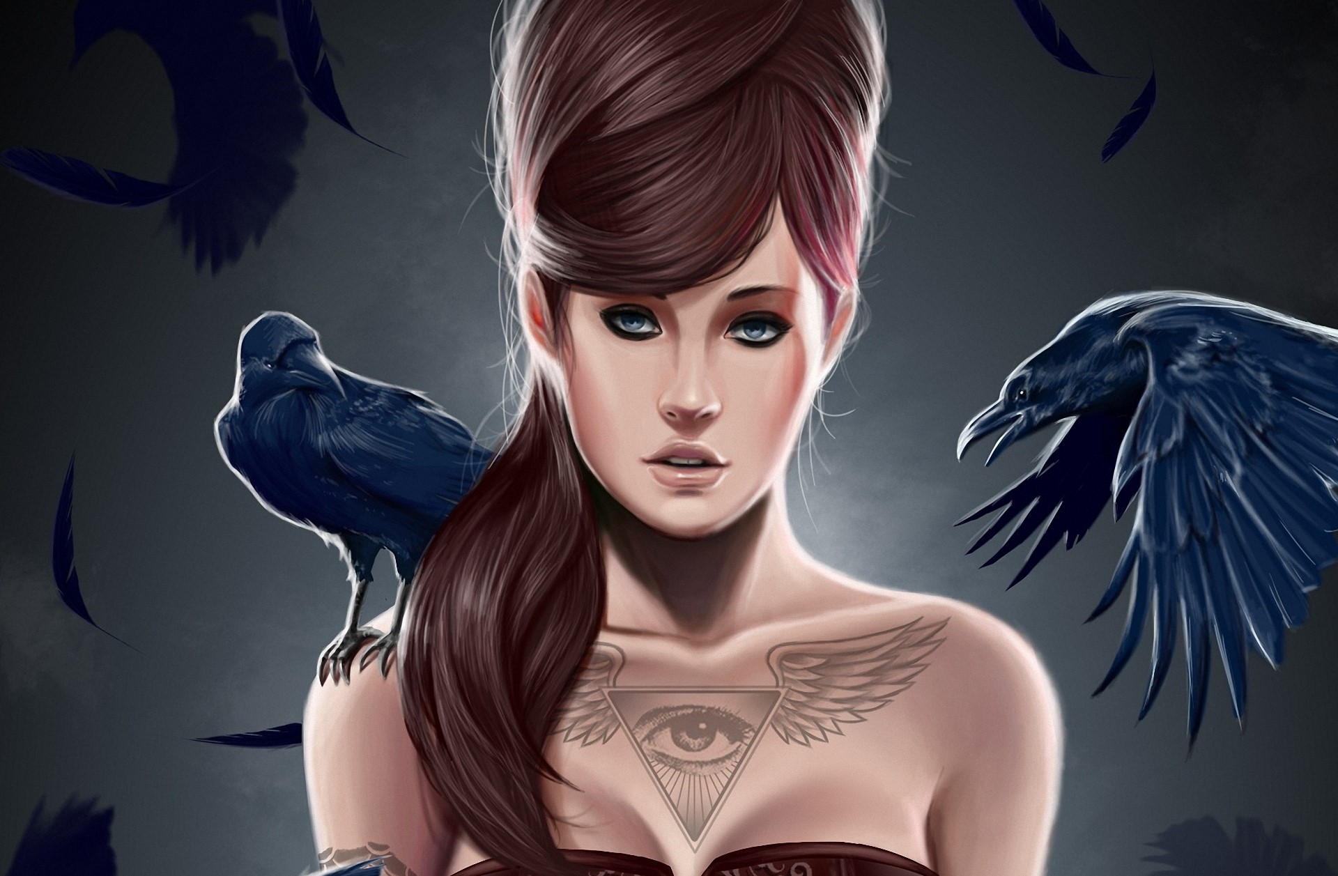 Gothic Fantasy woman with crows and eye tattoo HD Wallpaper