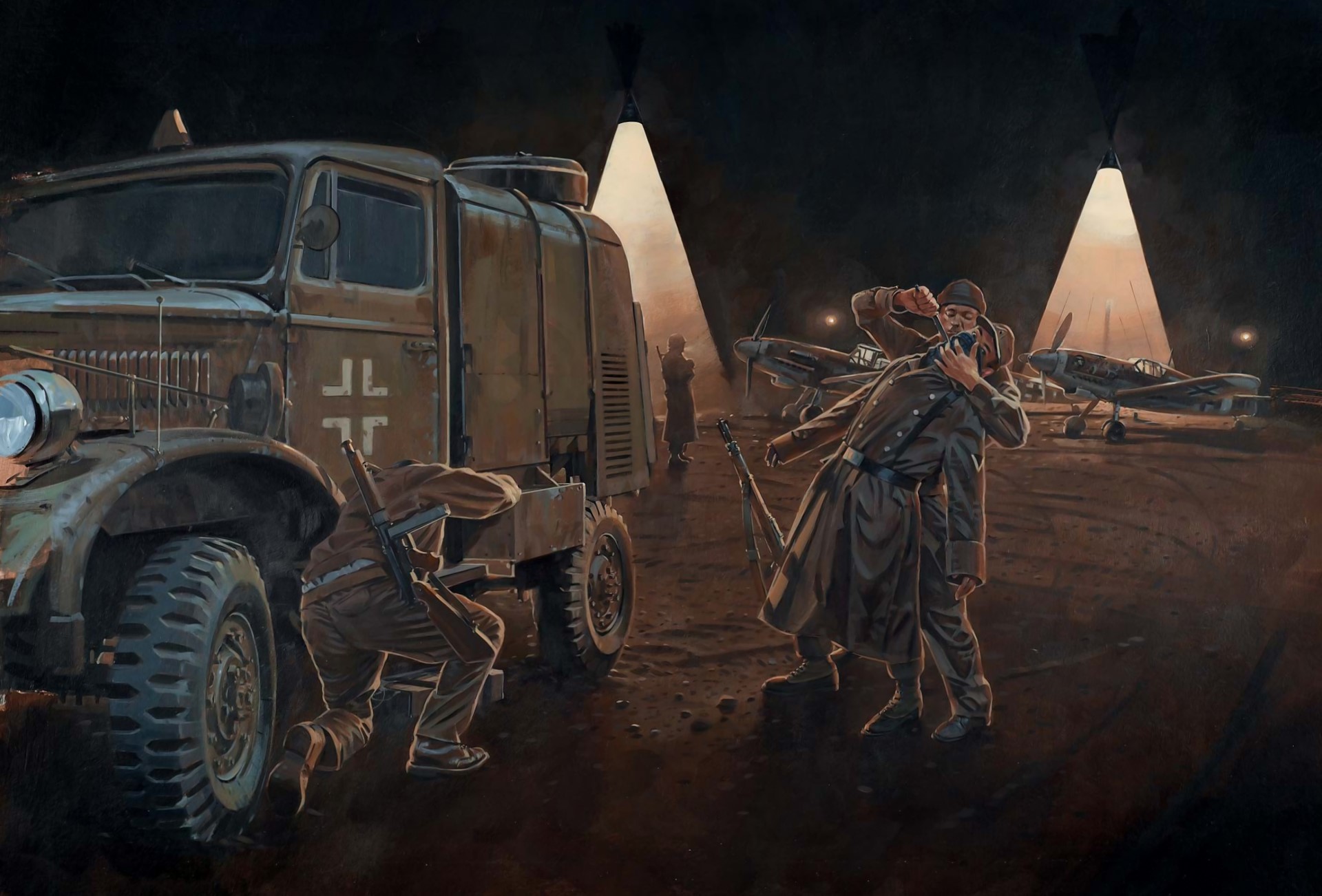German soldiers and aircraft on an airfield at night HD Wallpaper