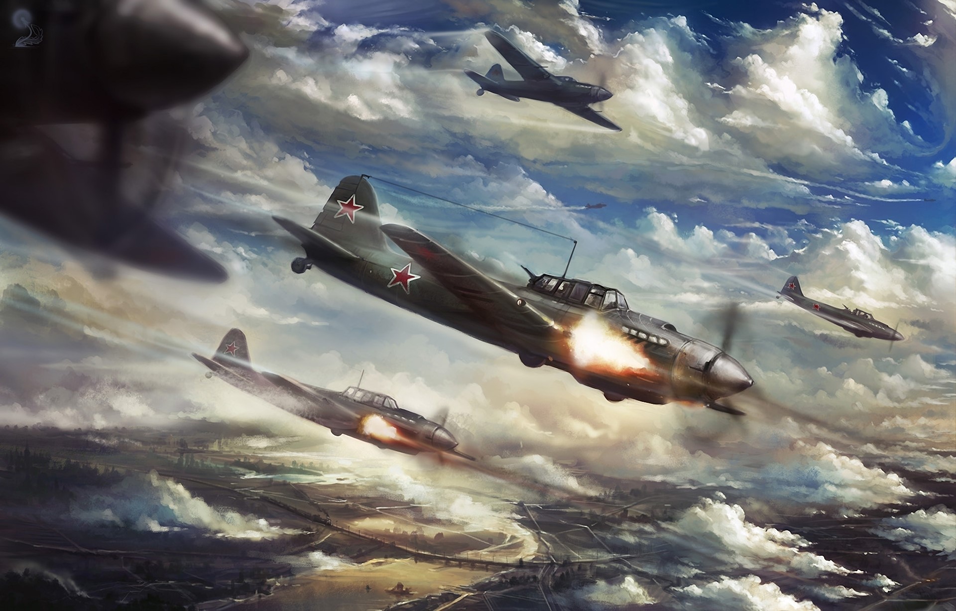 Ilyushin airplanes in flight during a battle HD Wallpaper