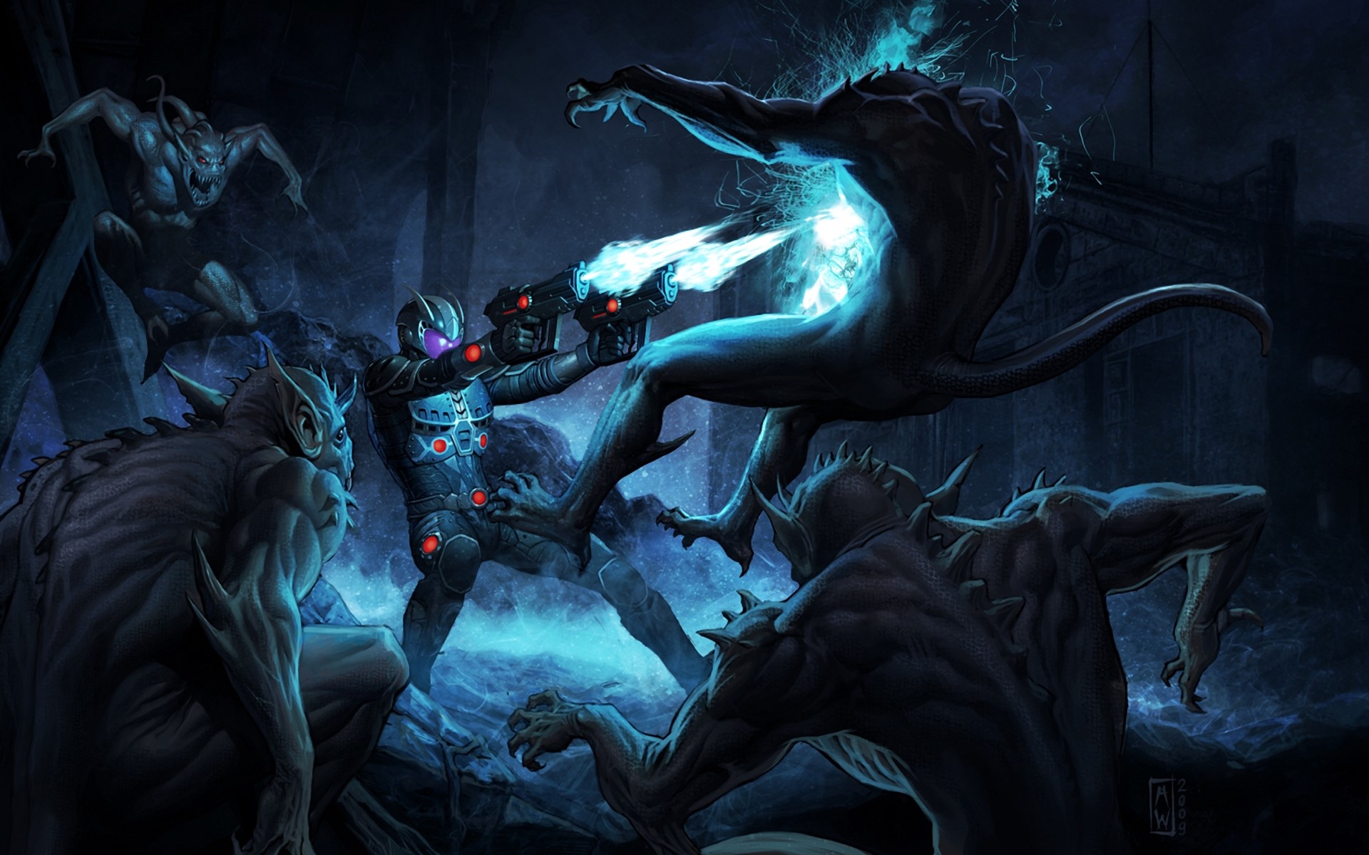 Warrior fighting monsters with energy weapons HD Wallpaper