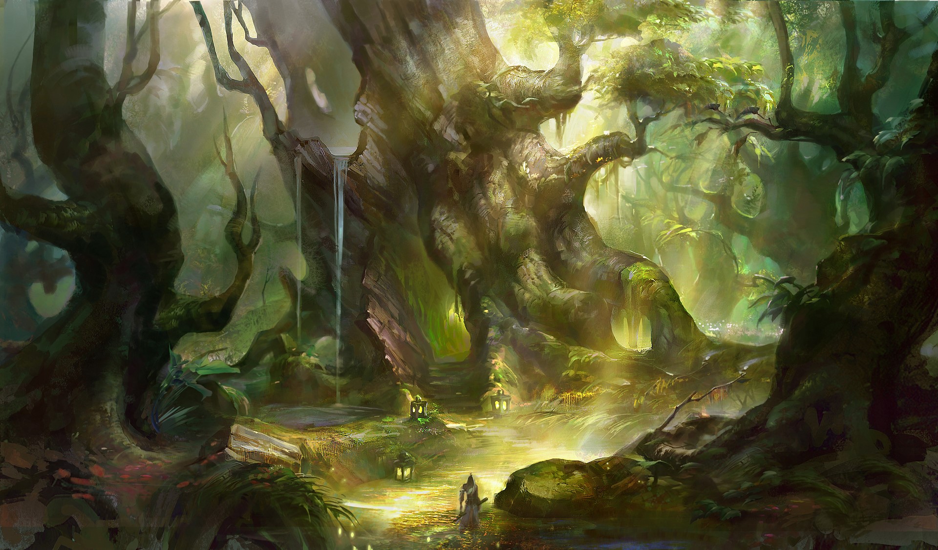 Fantasy forest with a waterfall and lanterns HD Wallpaper