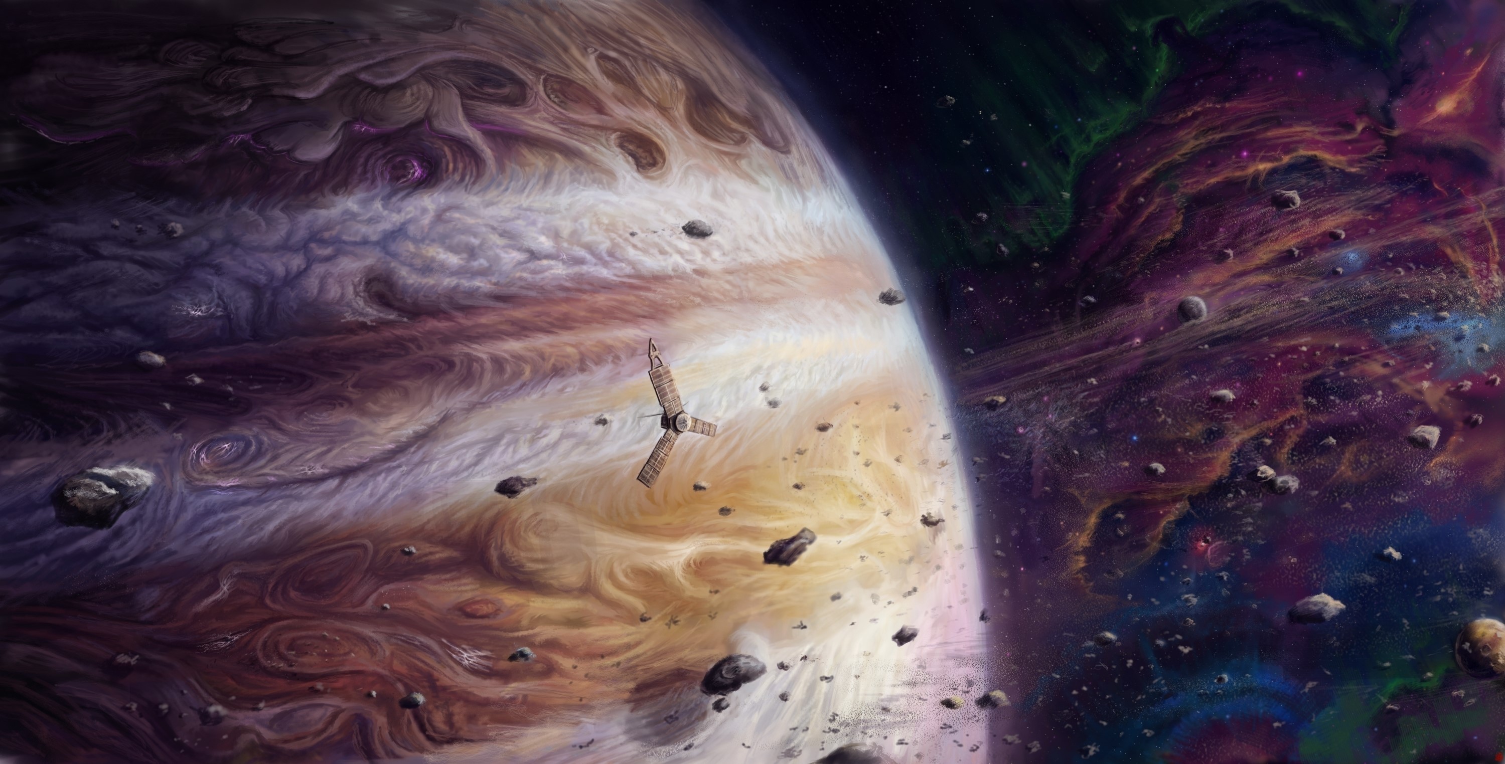 Jupiter and a satellite in space with asteroids and nebula HD Wallpaper