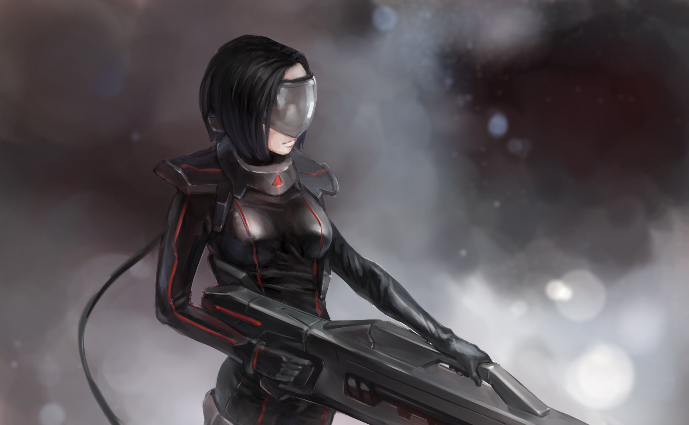 Woman in futuristic armor holding a large weapon HD Wallpaper