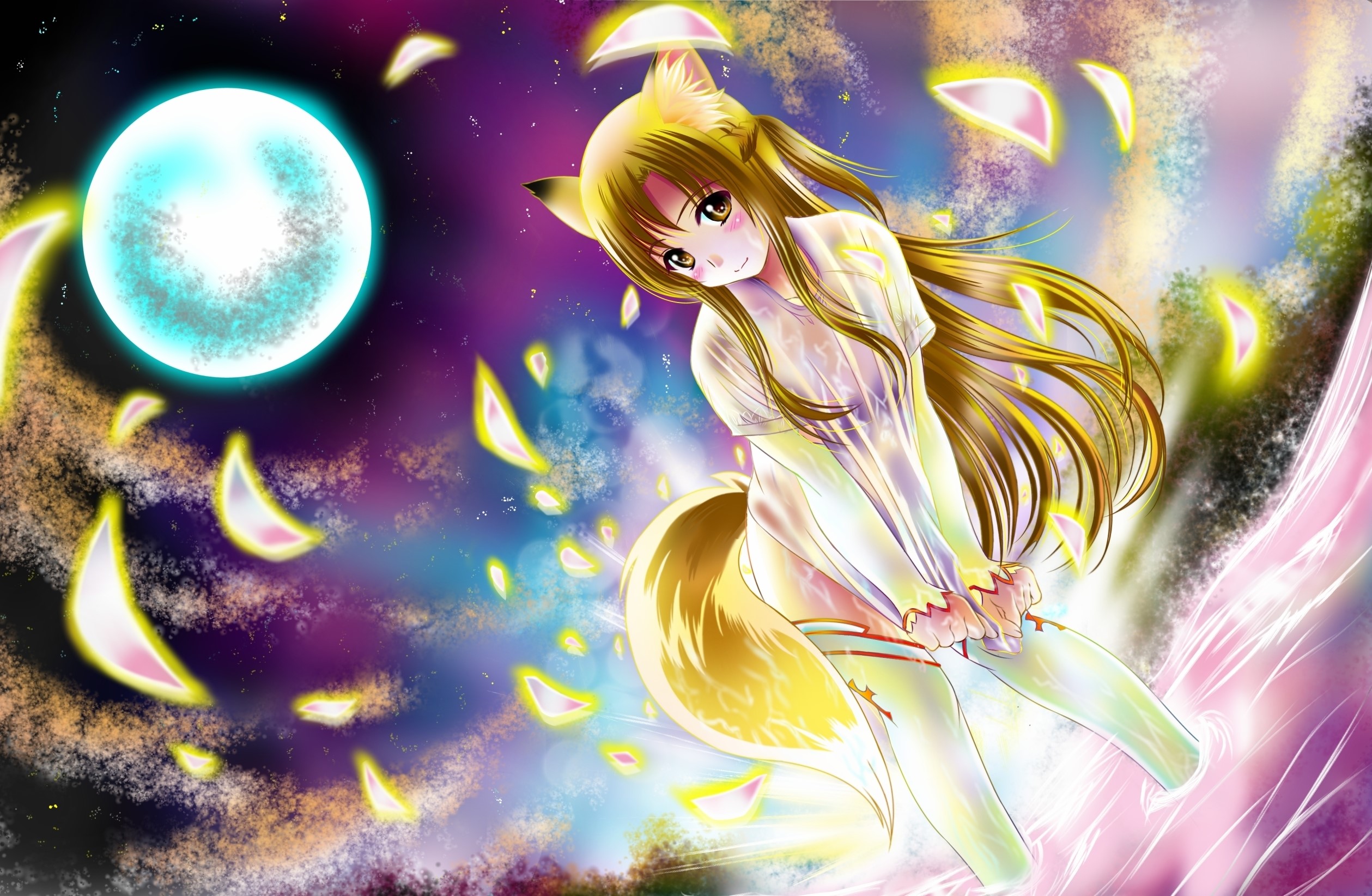 Anime girl with fox ears and tail under a large moon HD Wallpaper