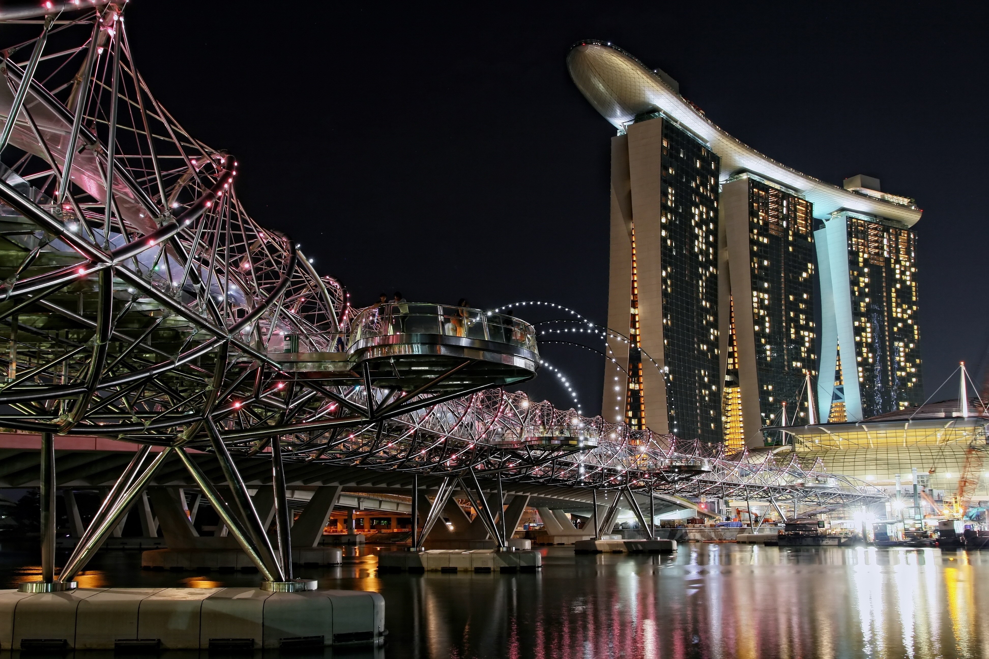 Singapore Marina Bay Sands and Helix Bridge at Night HD Wallpaper