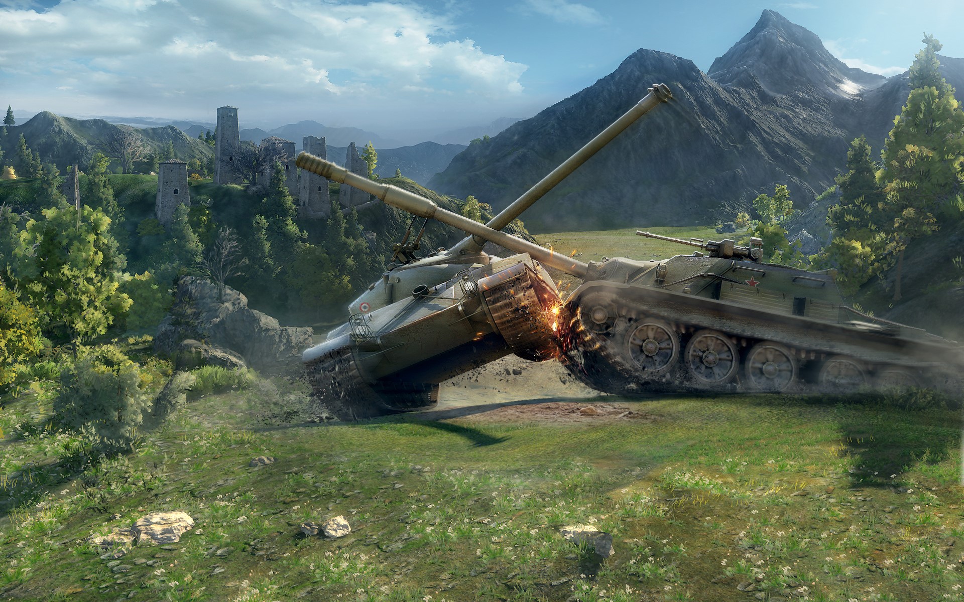 World of Tanks battle with two tanks colliding HD Wallpaper