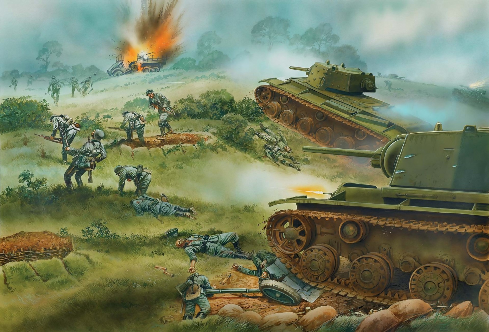 Painting of a World War II Tank Battle with Soldiers HD Wallpaper