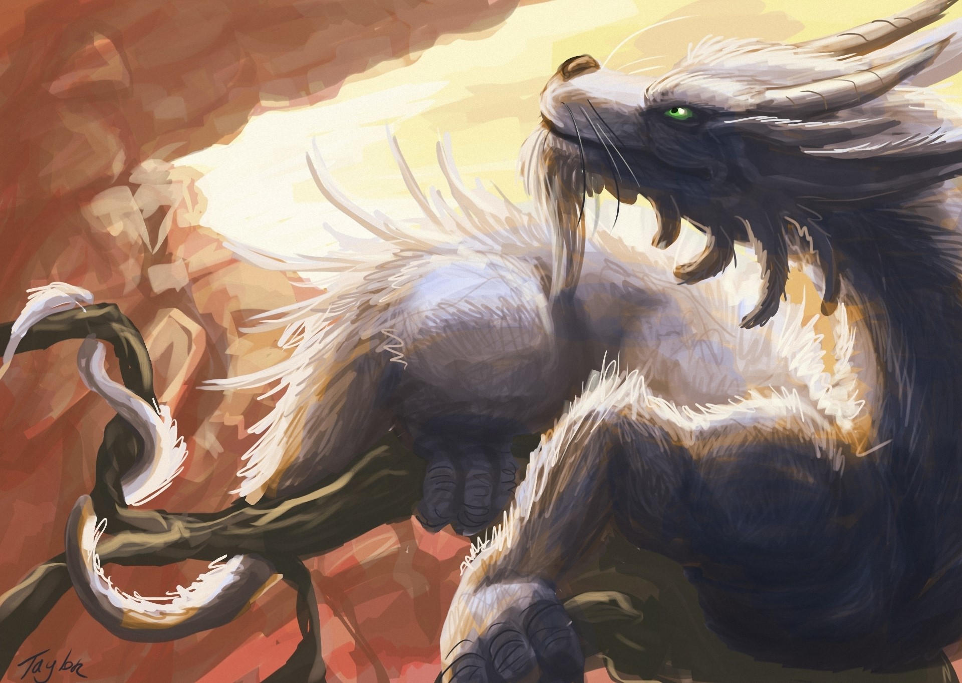 A white dragon with green eyes on a branch HD Wallpaper