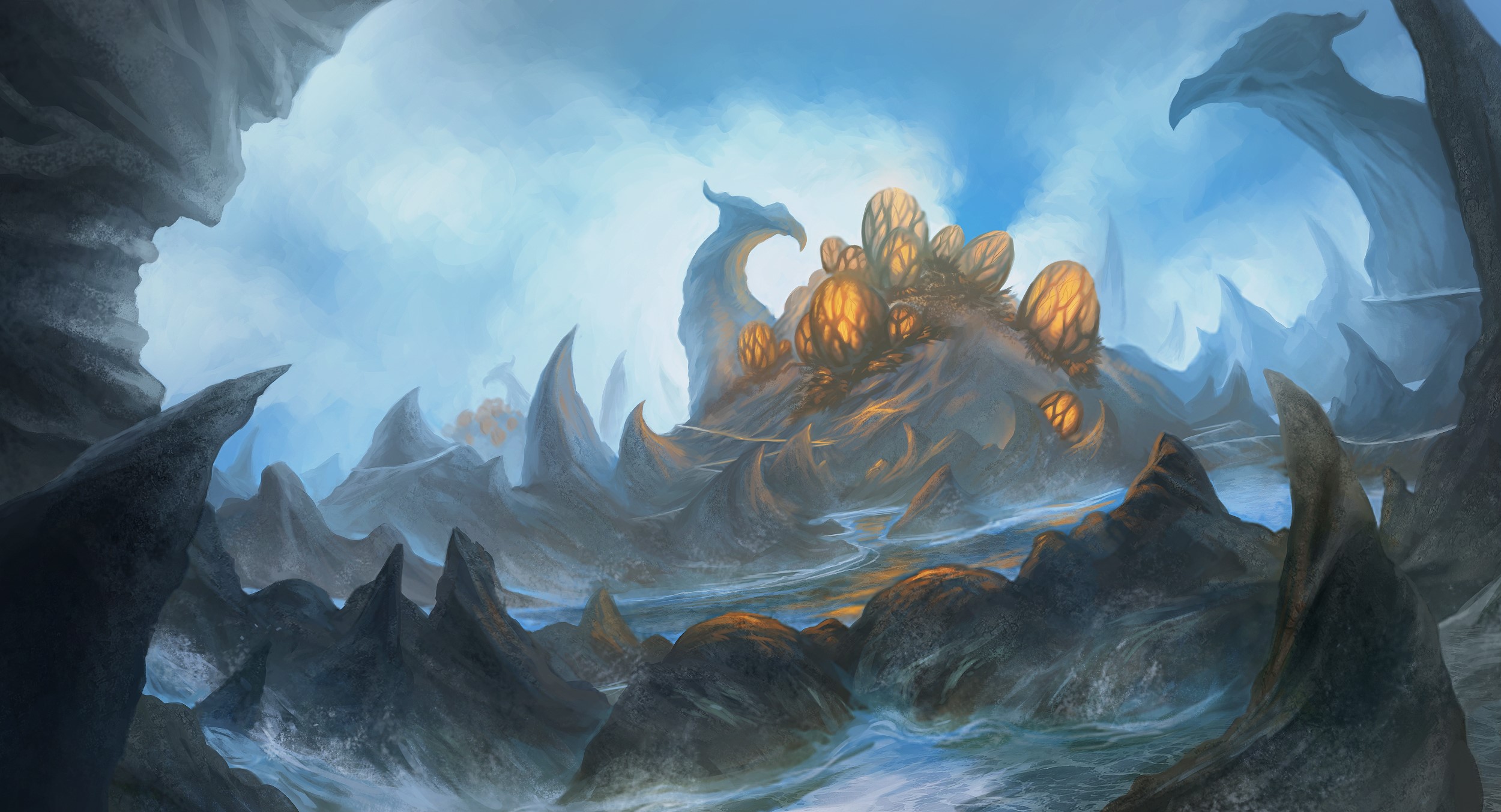 Fantastic world with glowing structures and rocky terrain HD Wallpaper
