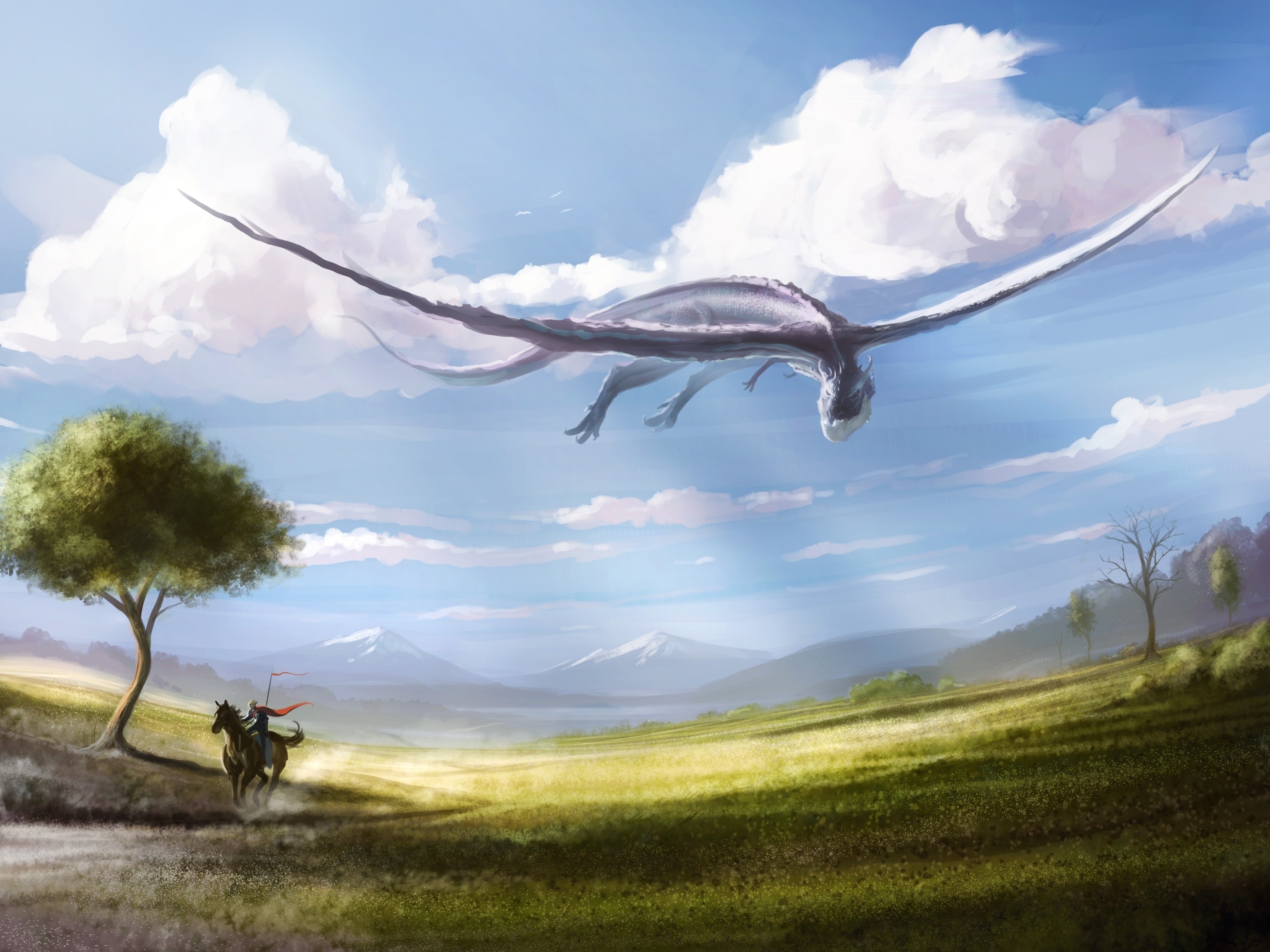 Dragon flying over a knight on horseback HD Wallpaper