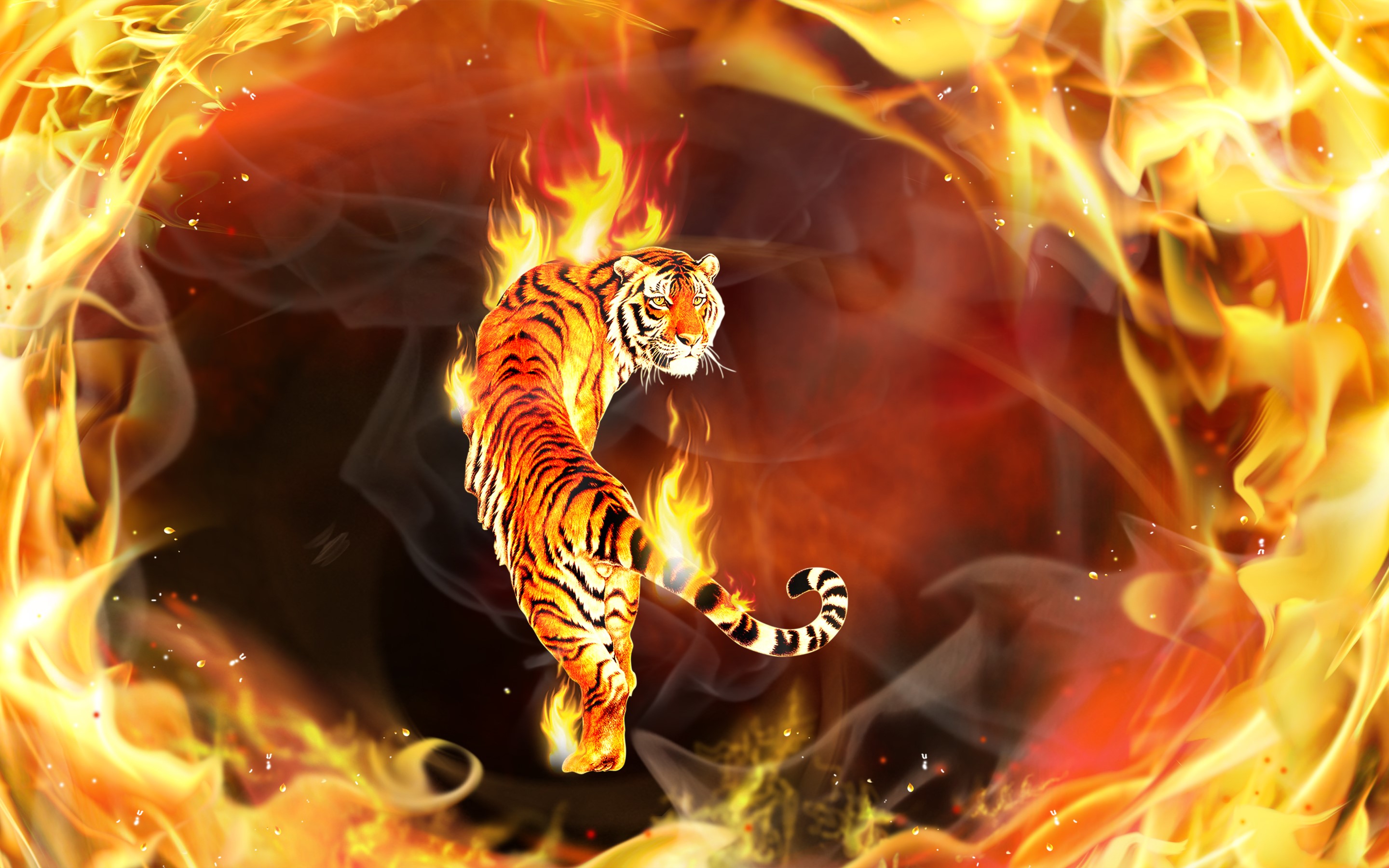 Tiger engulfed in flames HD Wallpaper