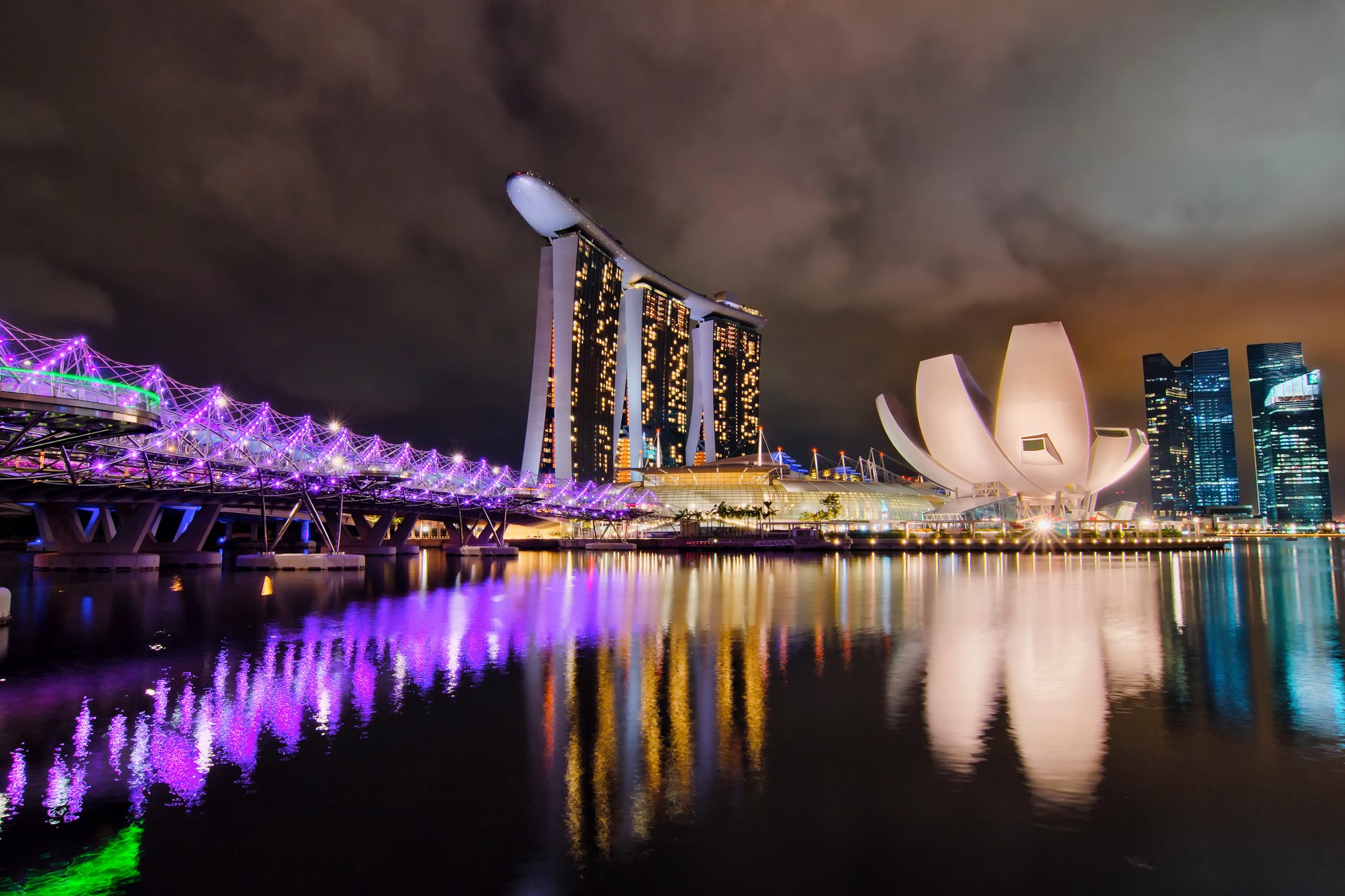 Singapore skyline with Marina Bay Sands and Helix Bridge at night HD Wallpaper