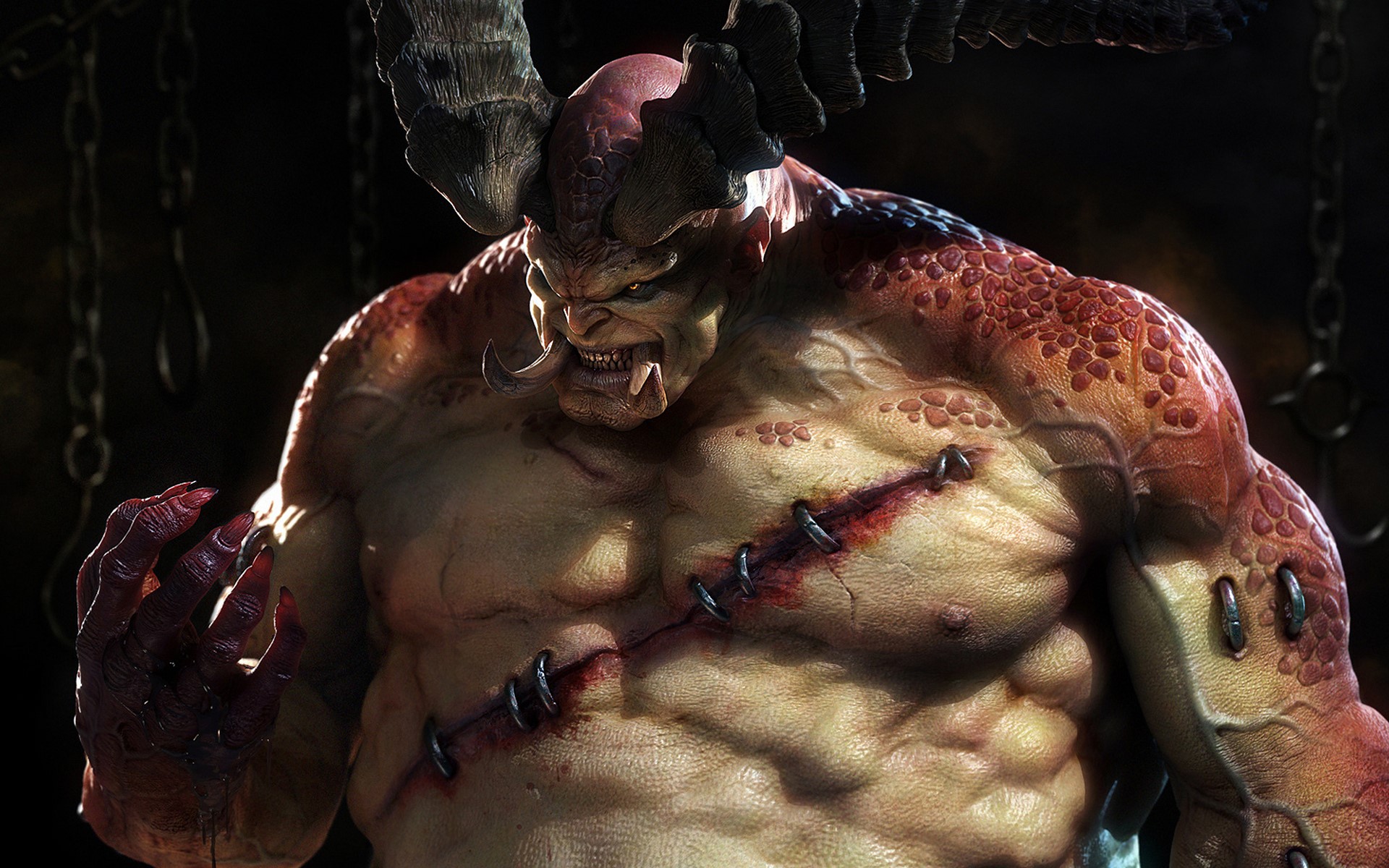 A monstrous demon with horns and stitched wounds HD Wallpaper