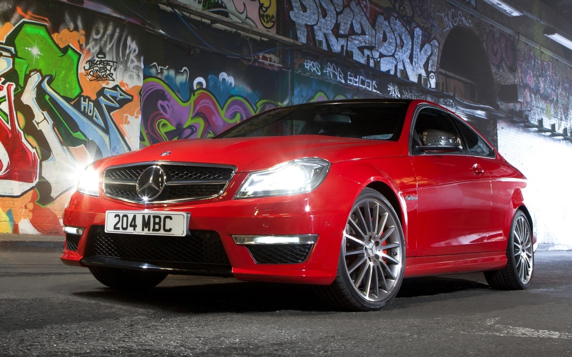 Red Mercedes-Benz C-Class Coupe with Graffiti Wall HD Wallpaper