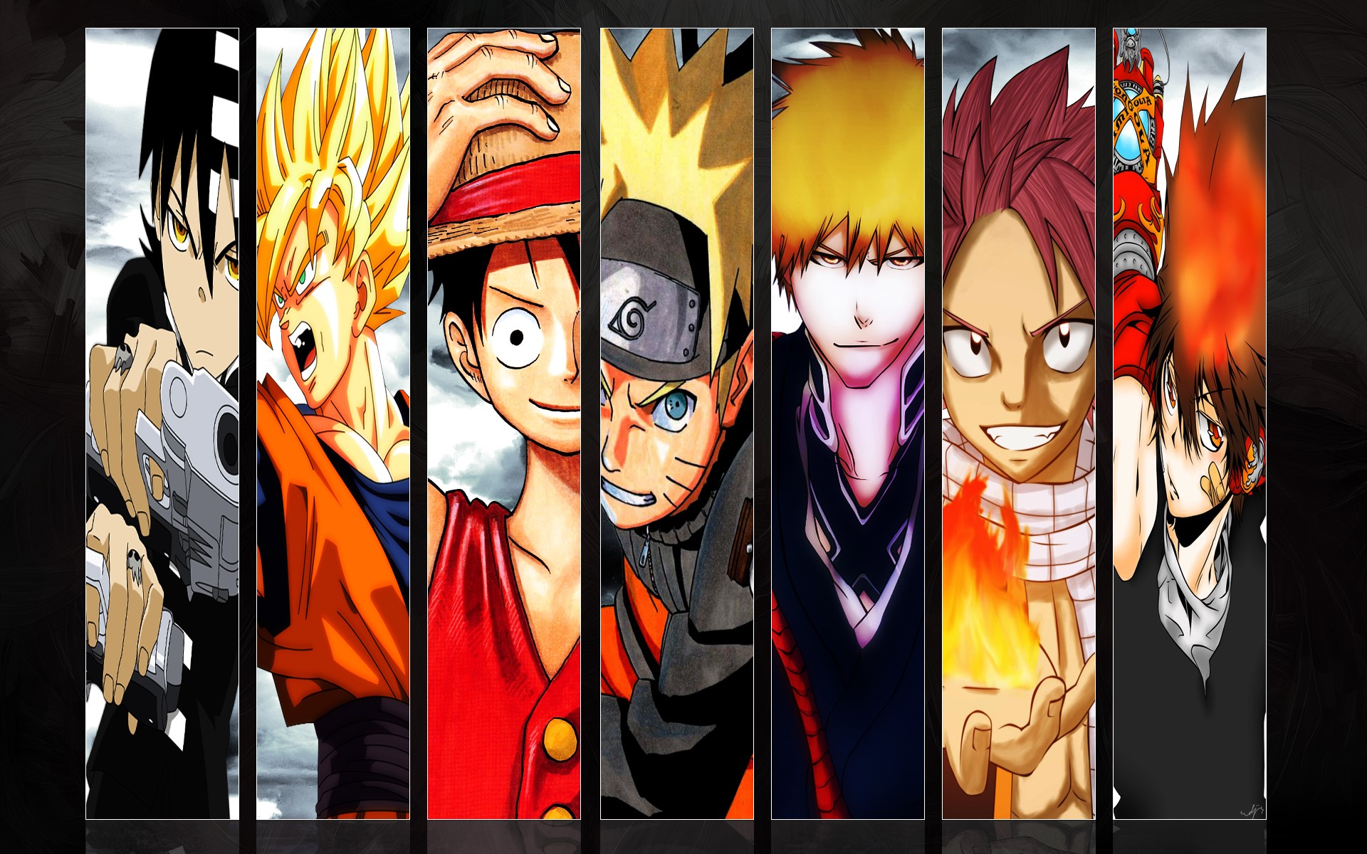 Anime characters: Death the Kid, Goku, Luffy, Naruto, Ichigo, Natsu, Tsuna HD Wallpaper