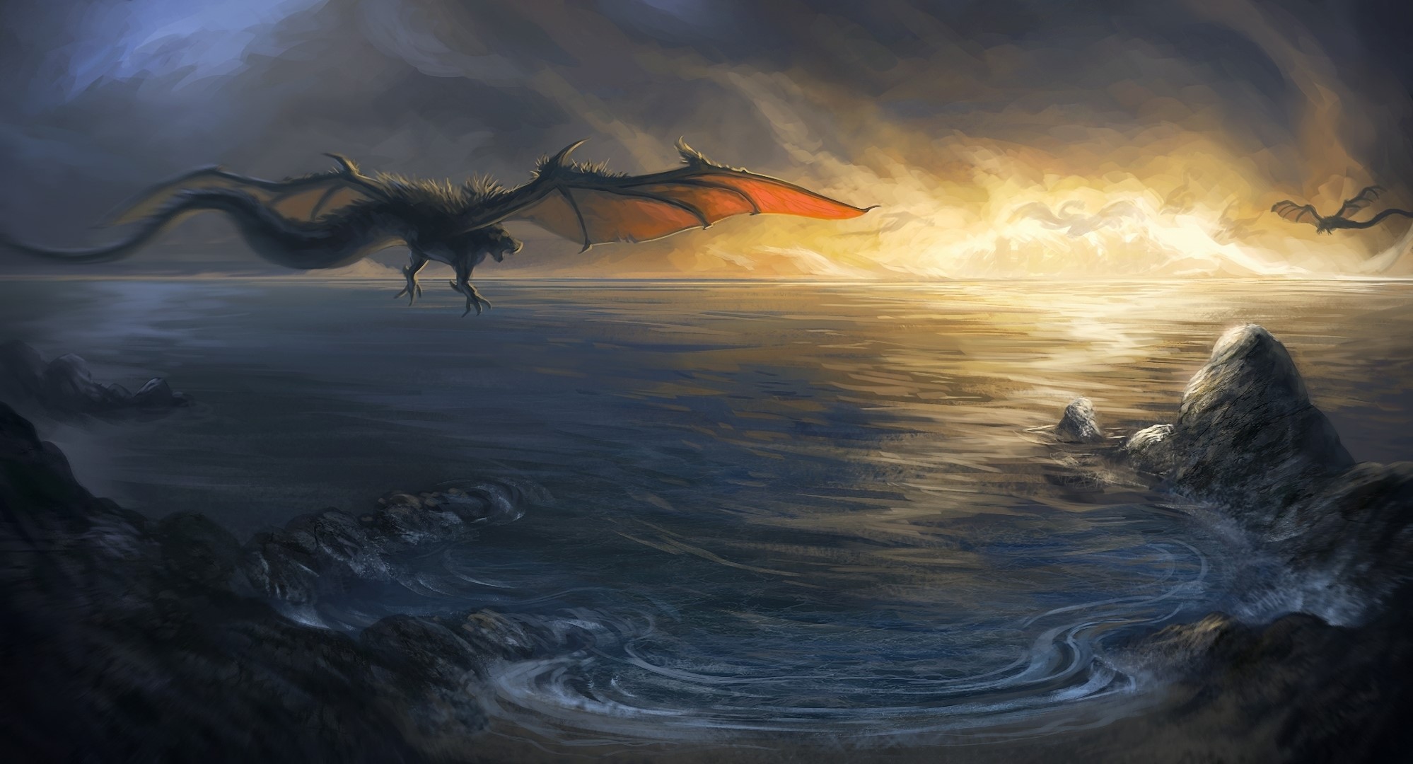 Dragons flying over the ocean at sunset HD Wallpaper
