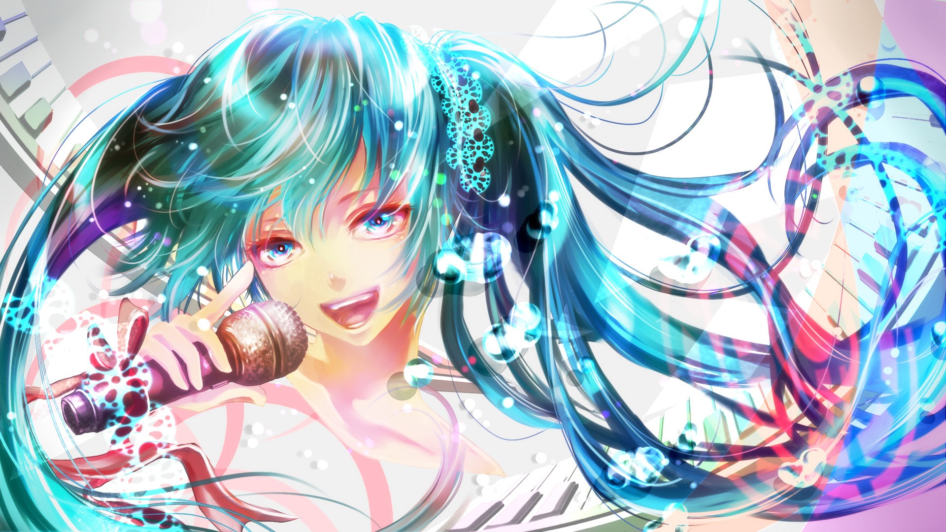 Hatsune Miku singing with a microphone HD Wallpaper