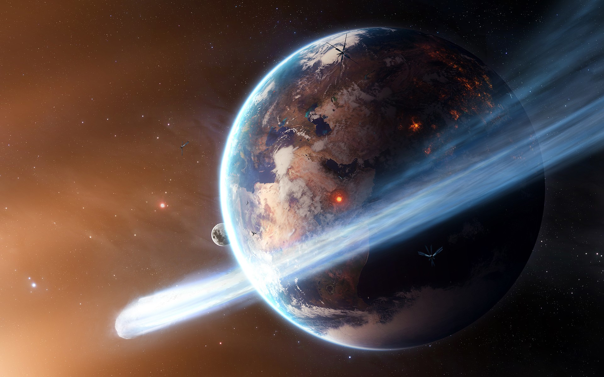 Planet with comet and moon in space HD Wallpaper
