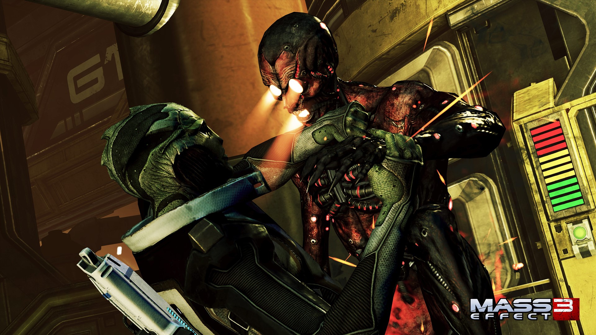 Mass Effect 3: Reaper and Turian fight HD Wallpaper