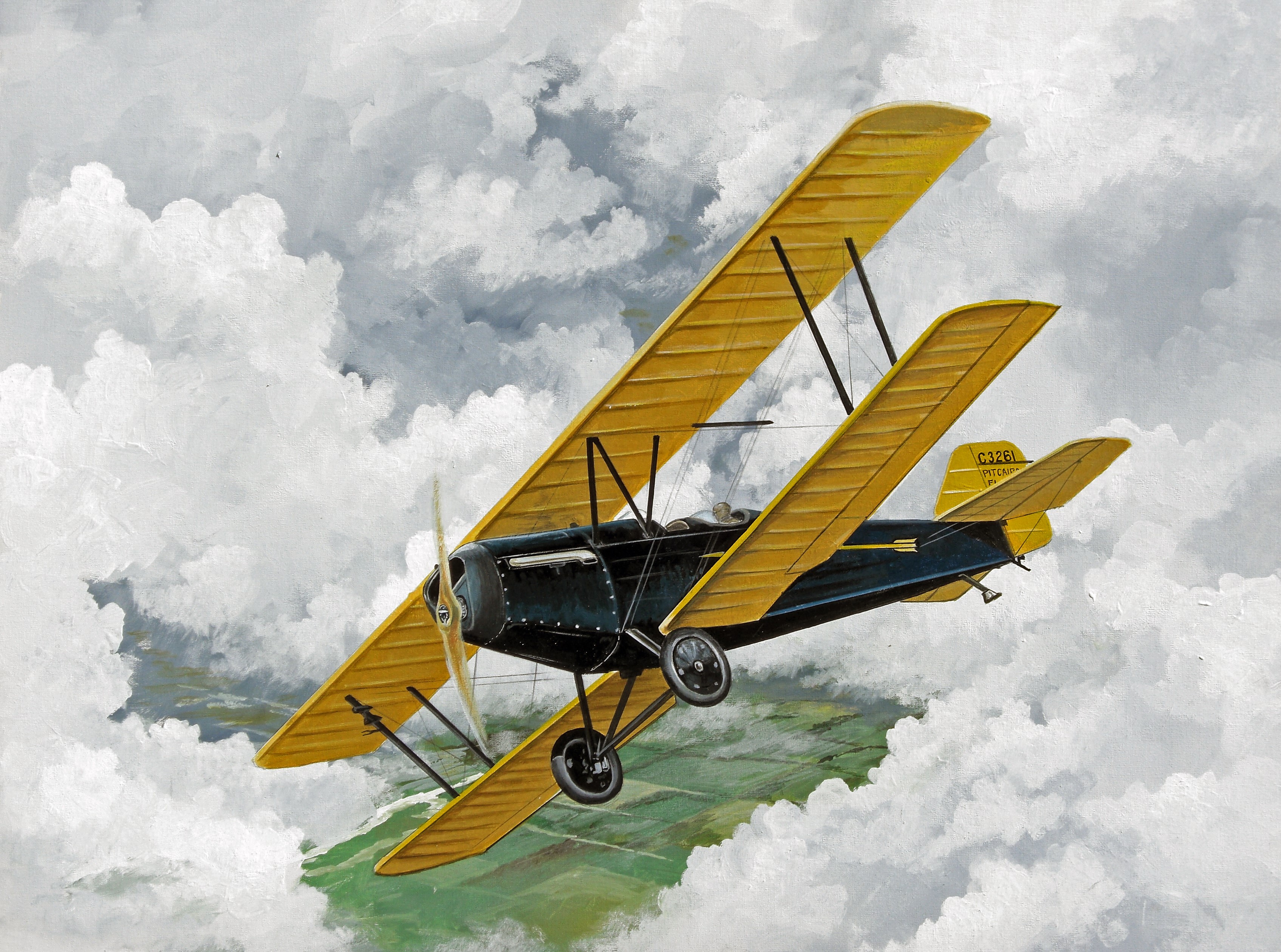 Biplane flying through clouds over green fields HD Wallpaper