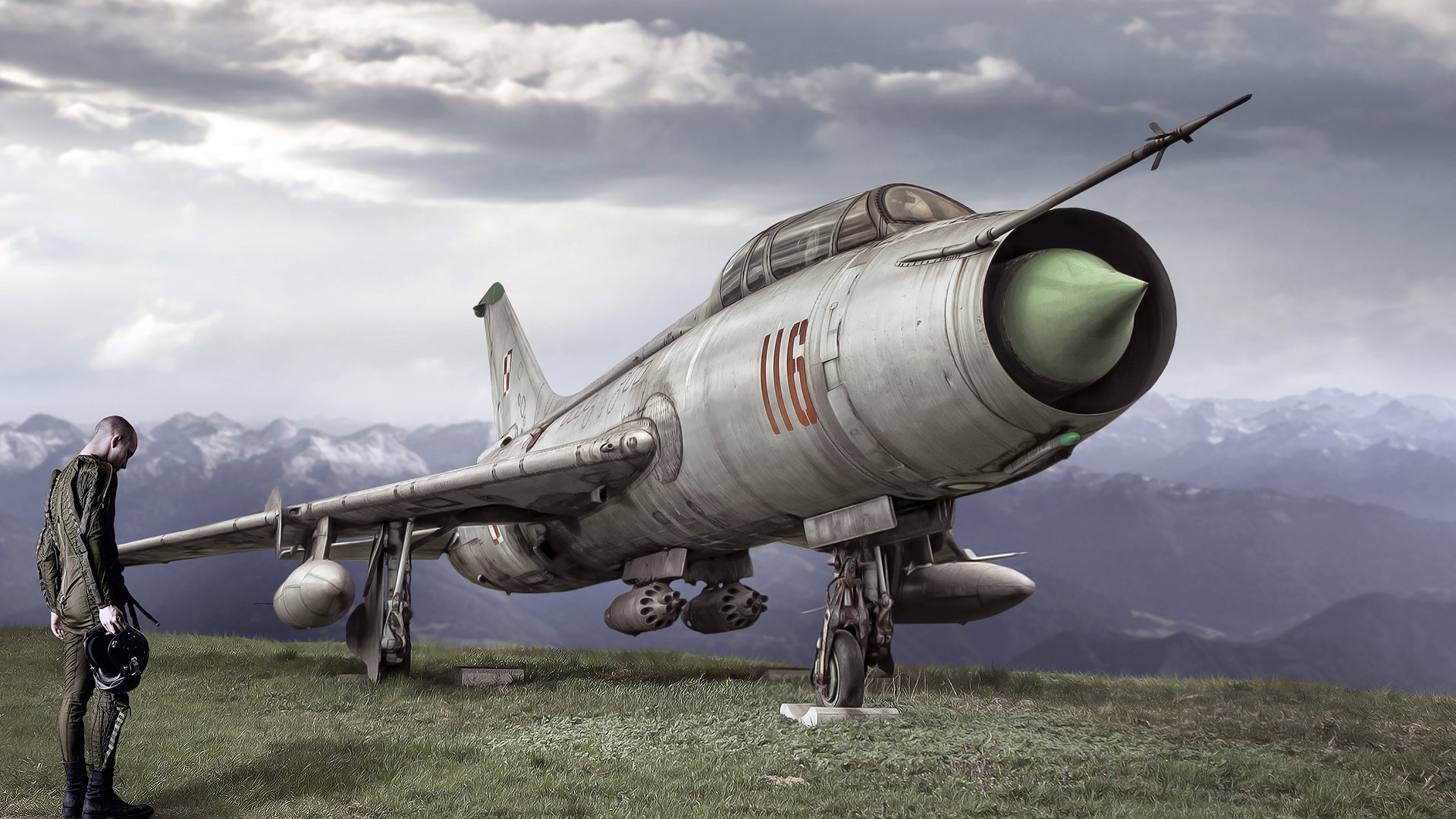 Pilot standing next to a Sukhoi Su-7 fighter jet HD Wallpaper