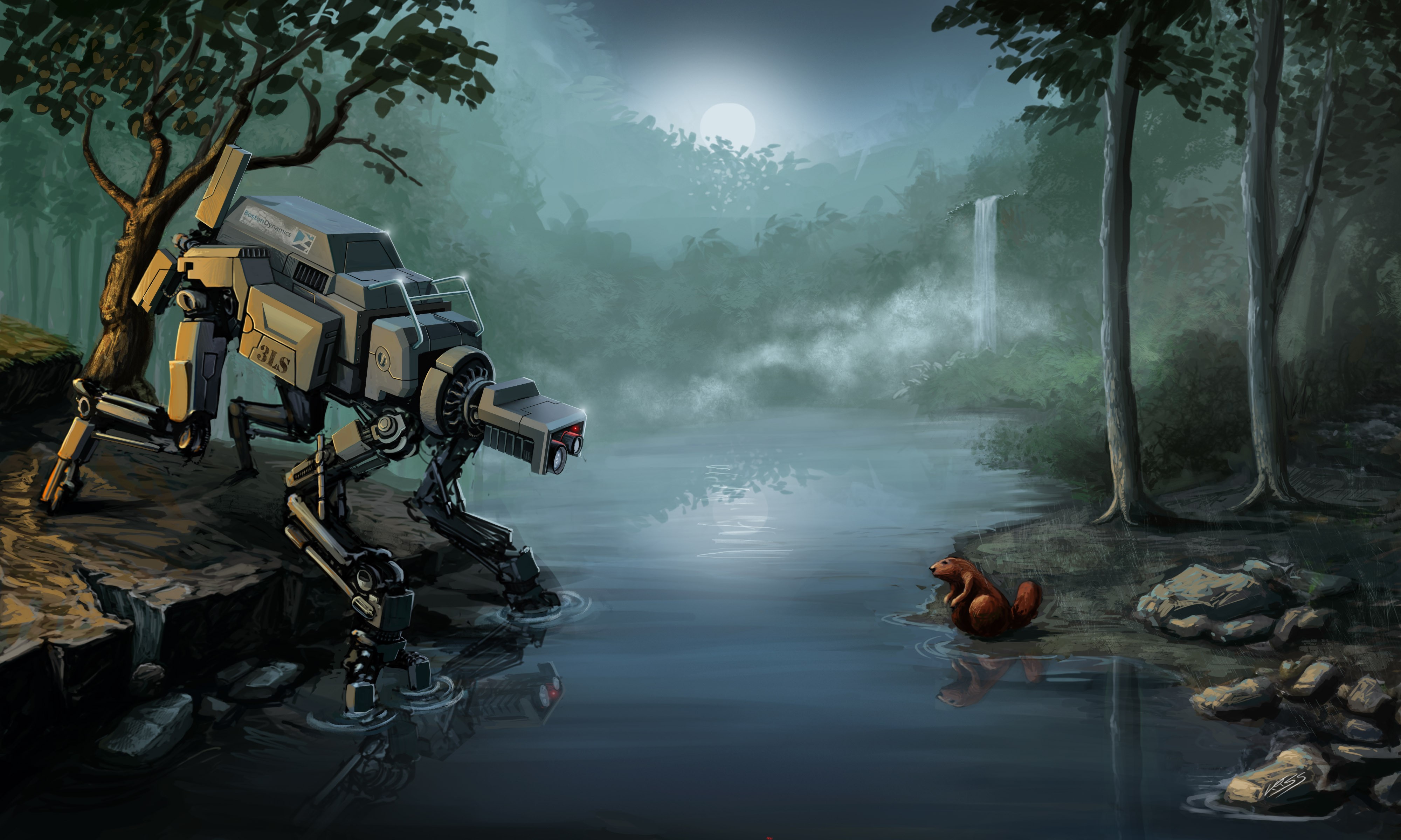 4K Technics Fantasy Robot and Beaver by Waterfall HD Wallpaper