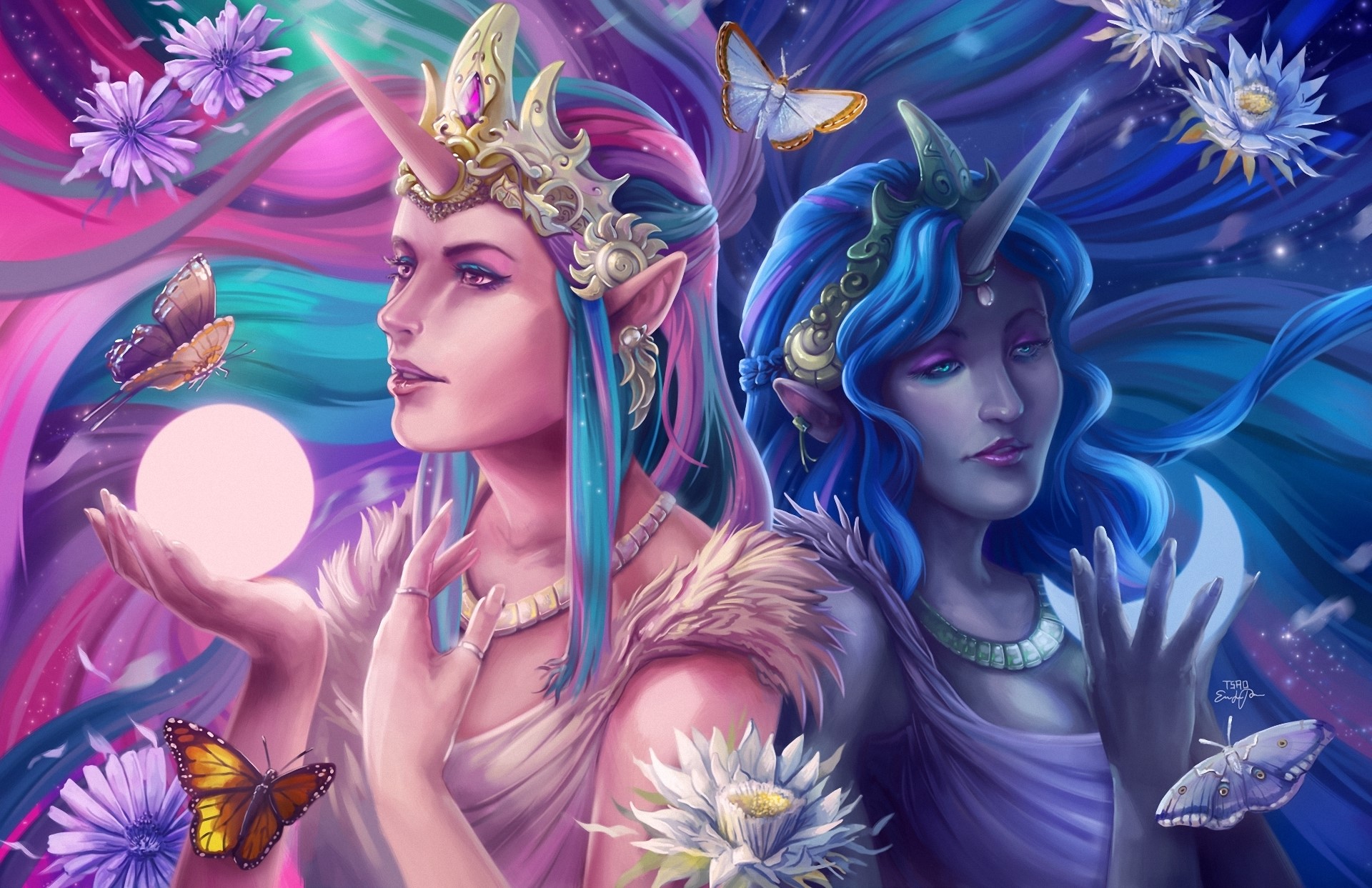 Two unicorn women with butterflies and flowers HD Wallpaper