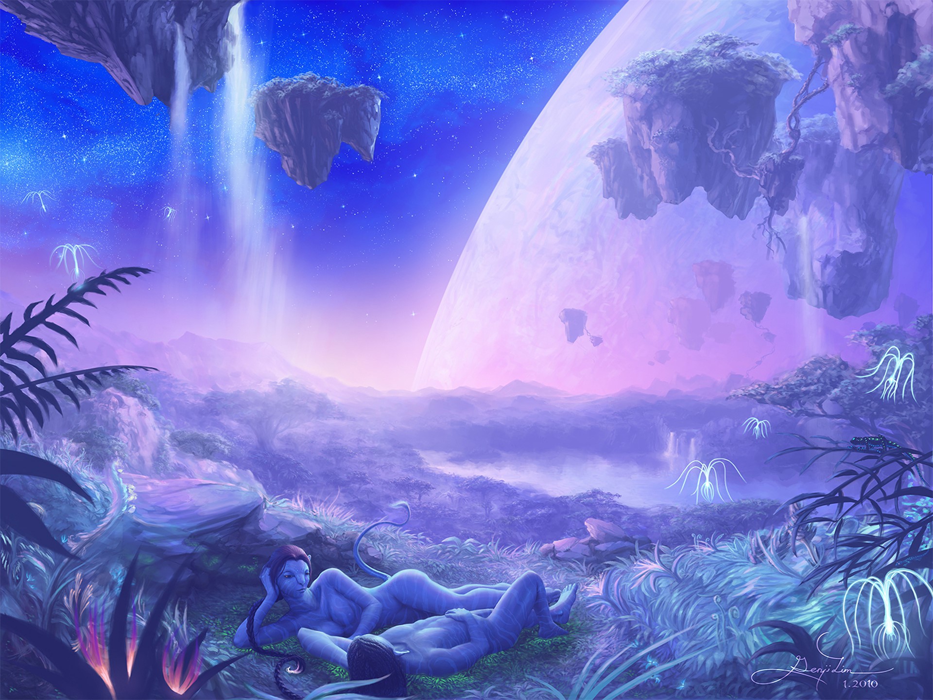 Two Na'vi relaxing in a bioluminescent alien landscape from Avatar HD Wallpaper